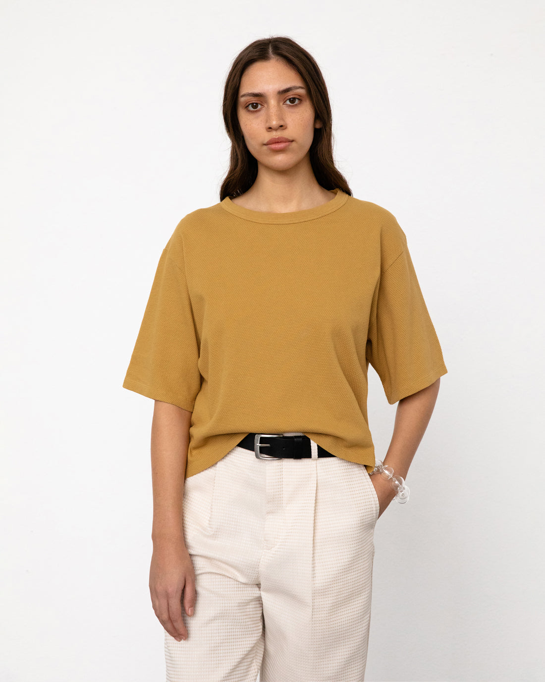 Yellow short waffle T-shirt made from 100% organic cotton by Rotholz