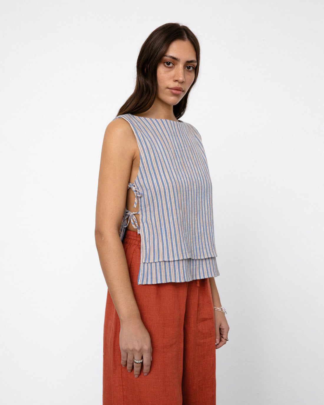 Grey striped wrap top made from 100% organic cotton by Rotholz