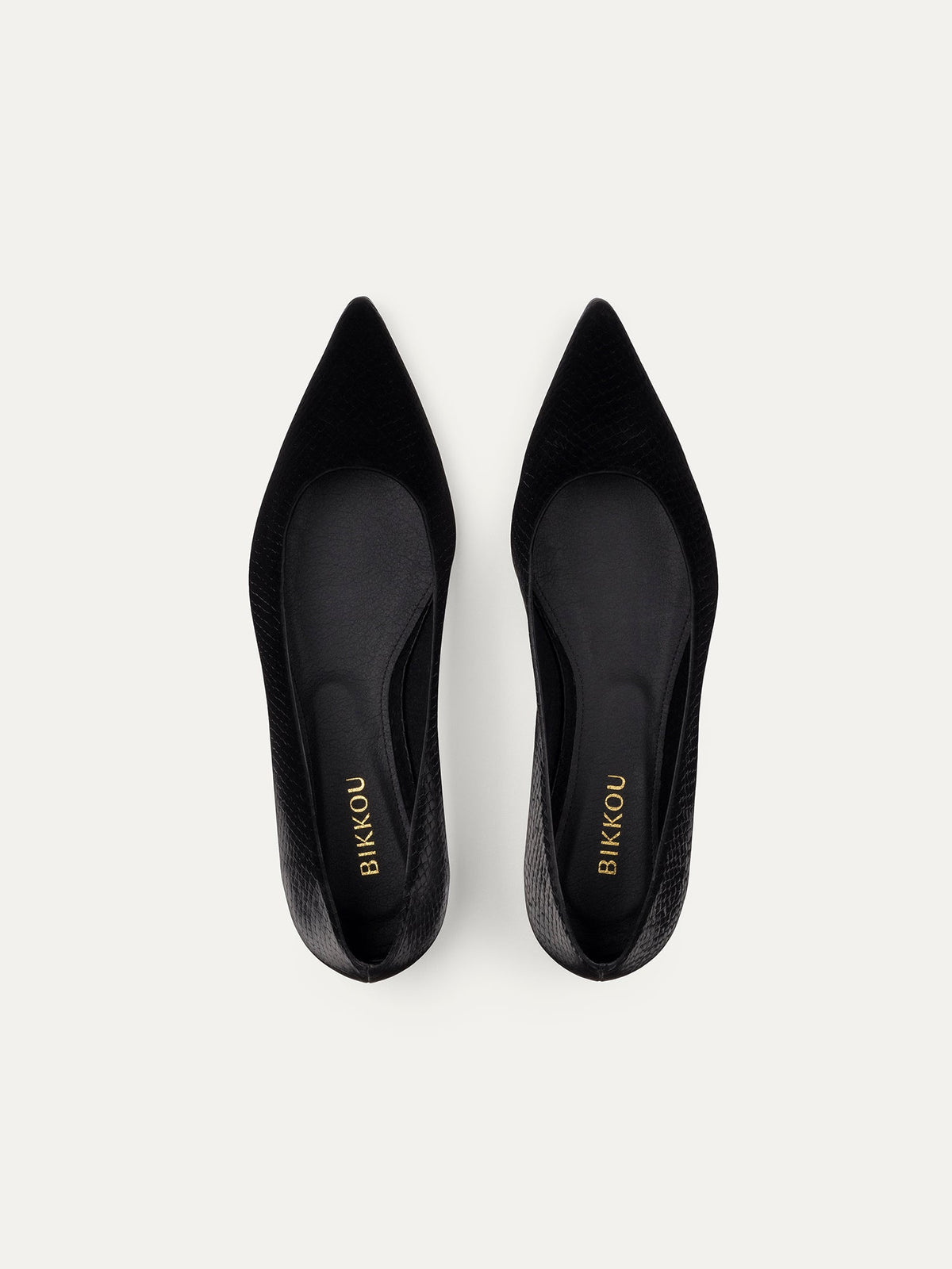 Bikkou 10:30AM Running Between Offices vegan black python pointy ballerina top view