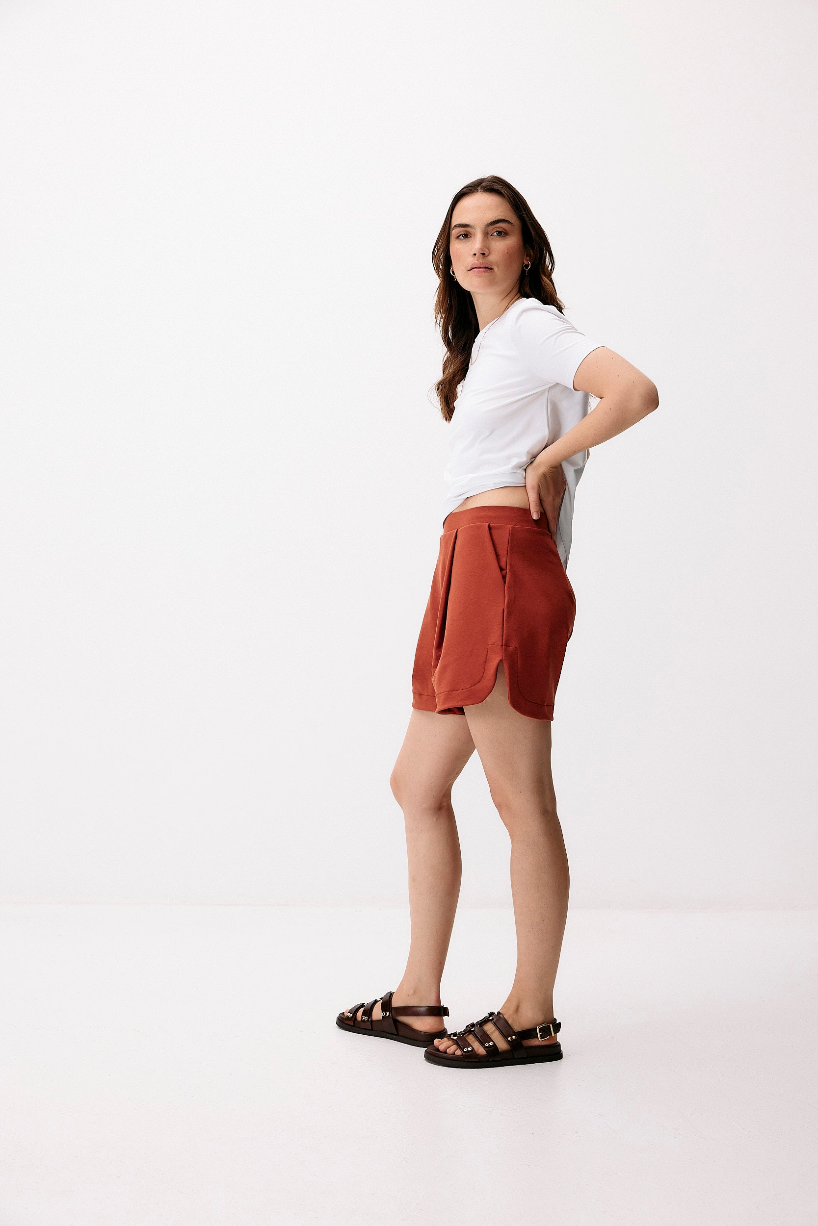 Red shorts made of lyocell & organic cotton by Moya Kala