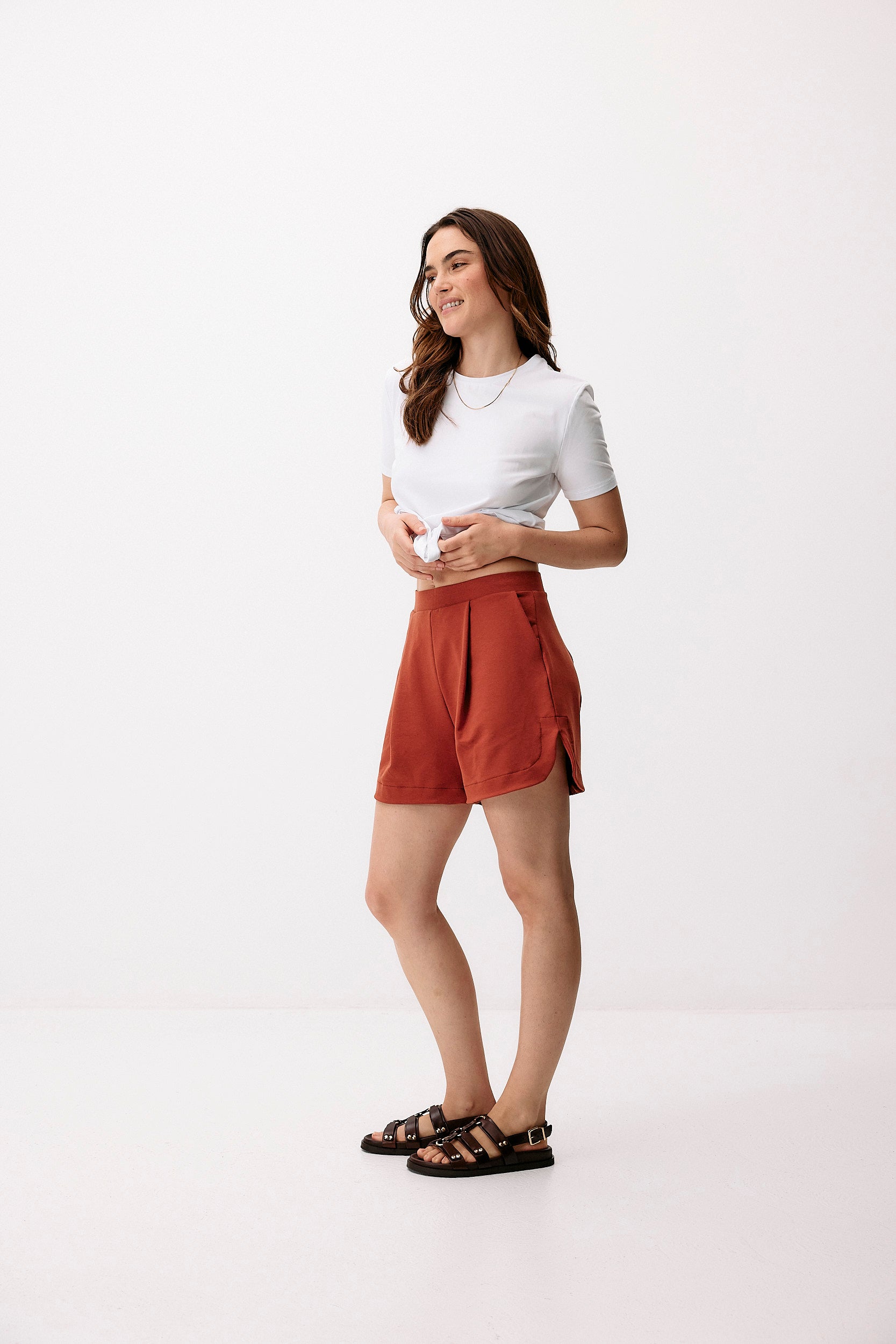 Red shorts made of lyocell & organic cotton by Moya Kala