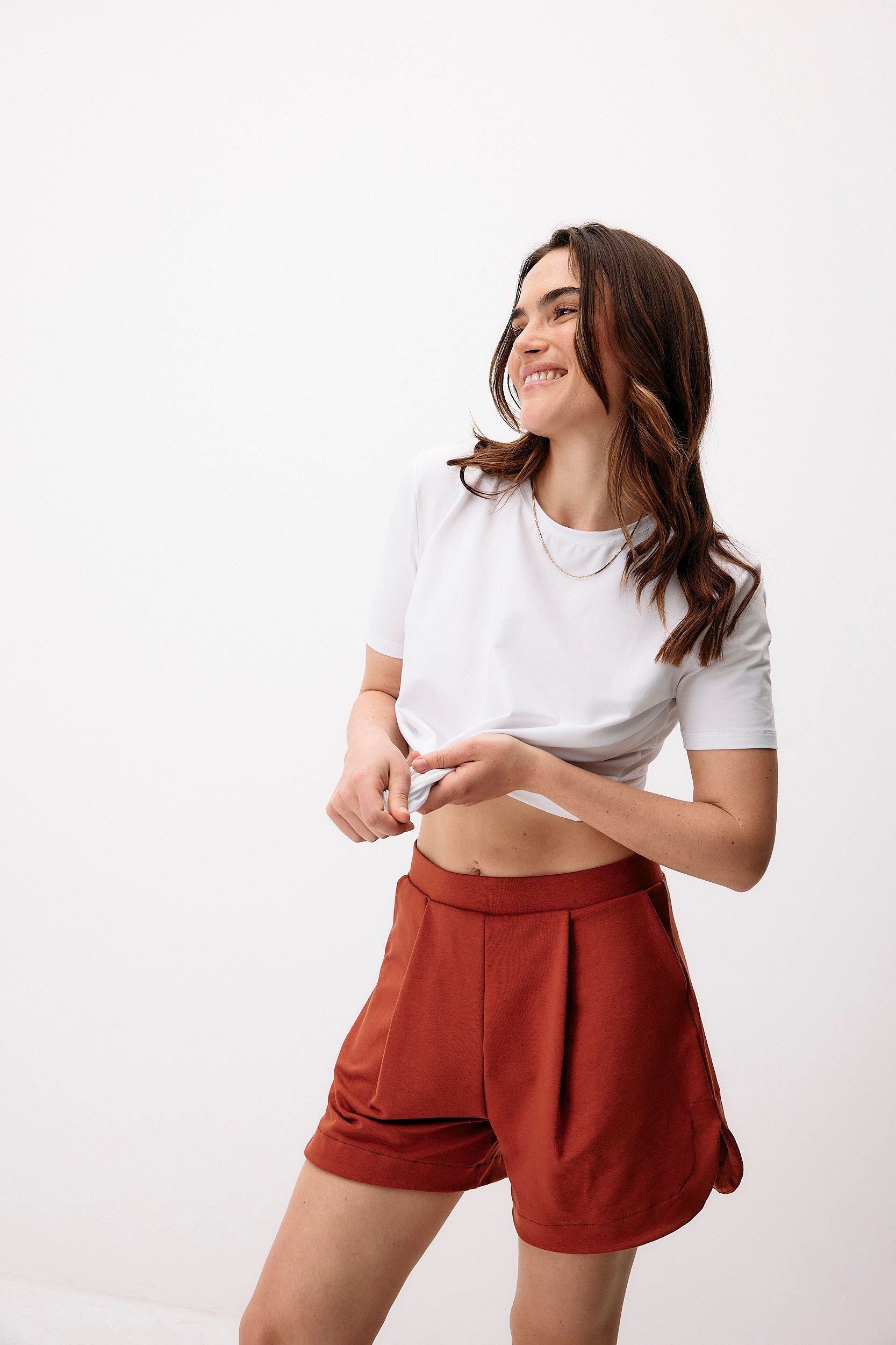 Red shorts made of lyocell & organic cotton by Moya Kala