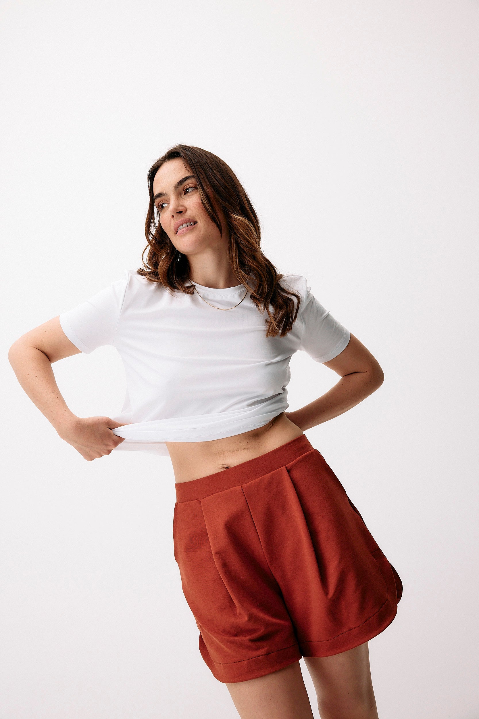 Red shorts made of lyocell & organic cotton by Moya Kala