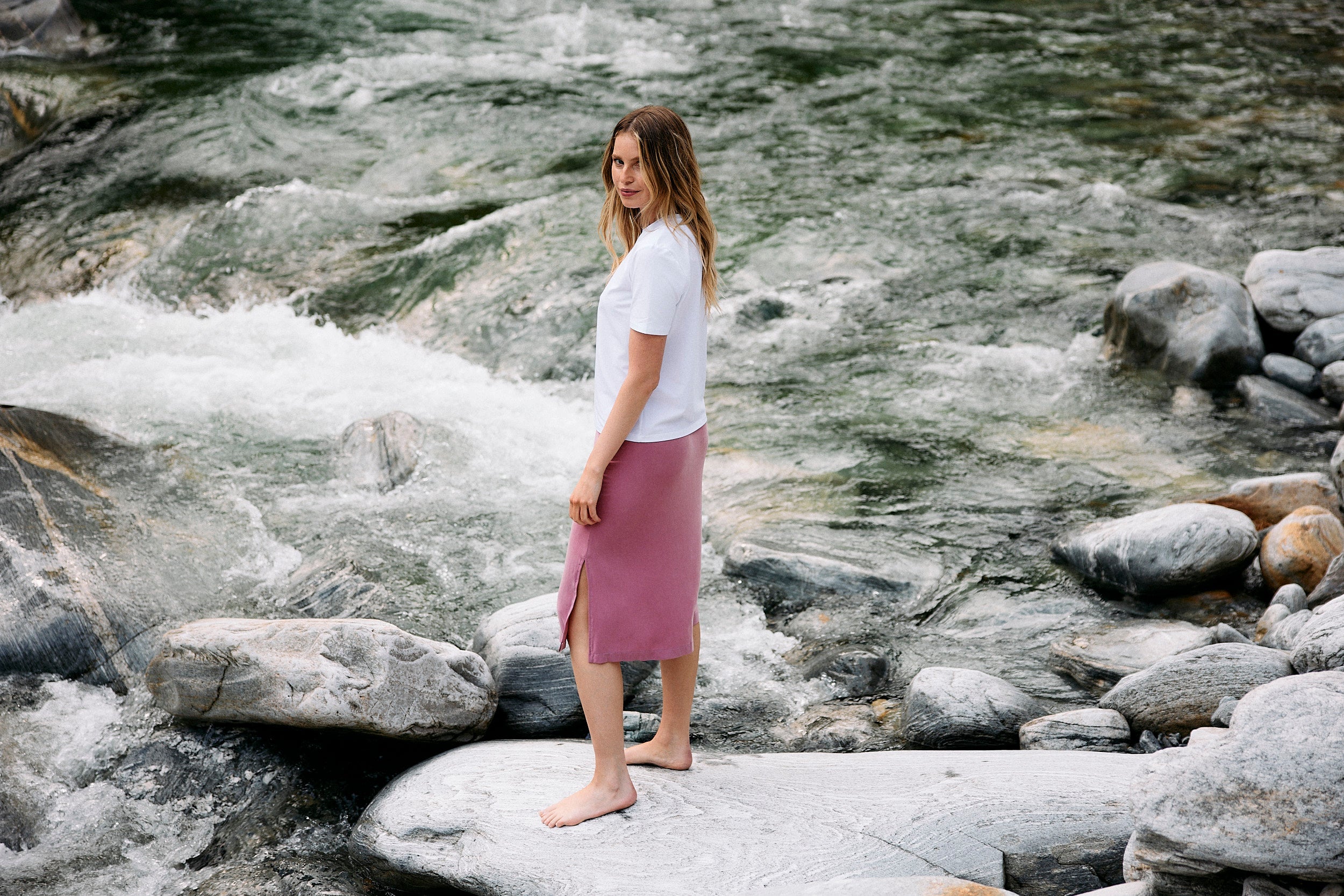 Pink cupro midi skirt by Moya Kala