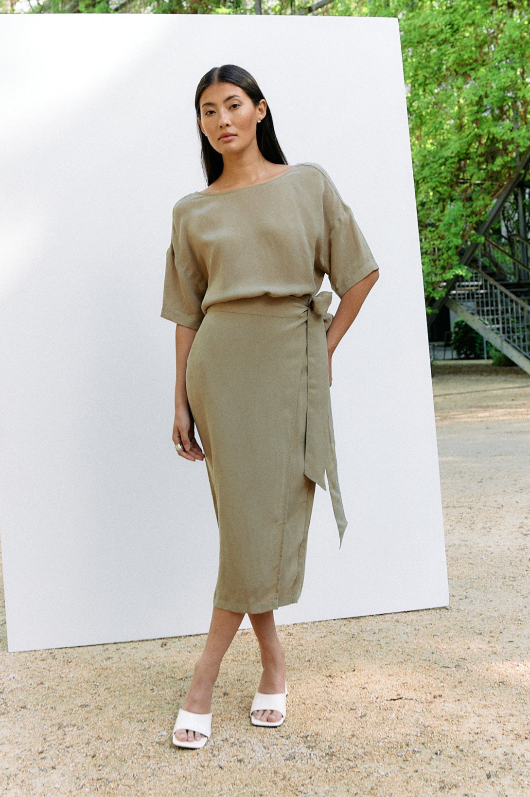 Woven Cupro Wrap Skirt - coriander - by Moya Kala