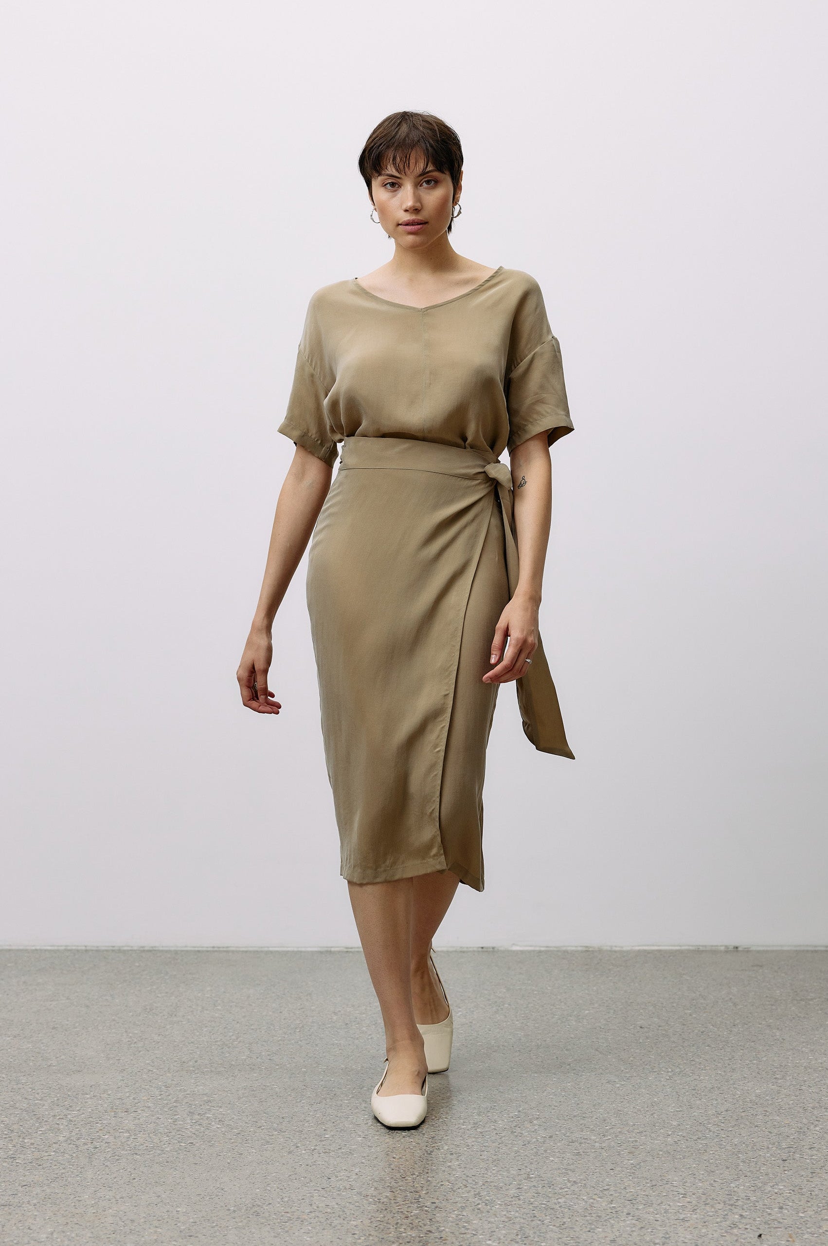Woven Cupro Wrap Skirt - coriander - by Moya Kala