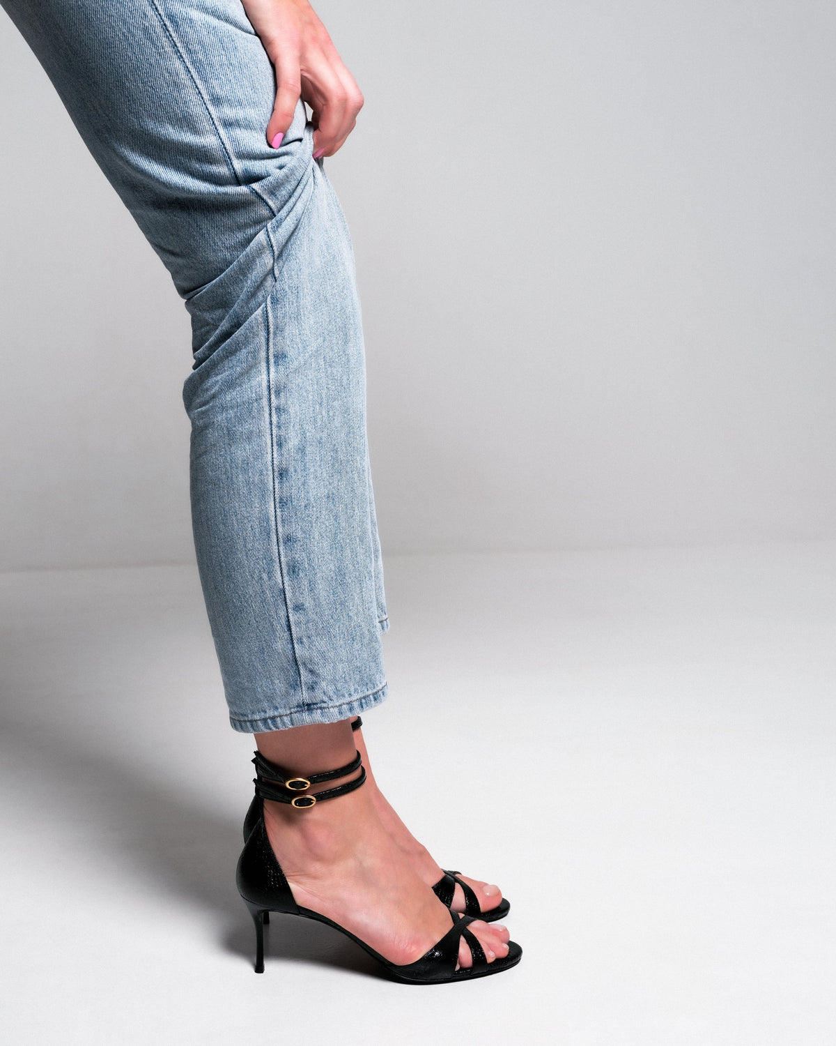 Bikkou 12:30PM Summer Lunch vegan black python heeled sandals worn