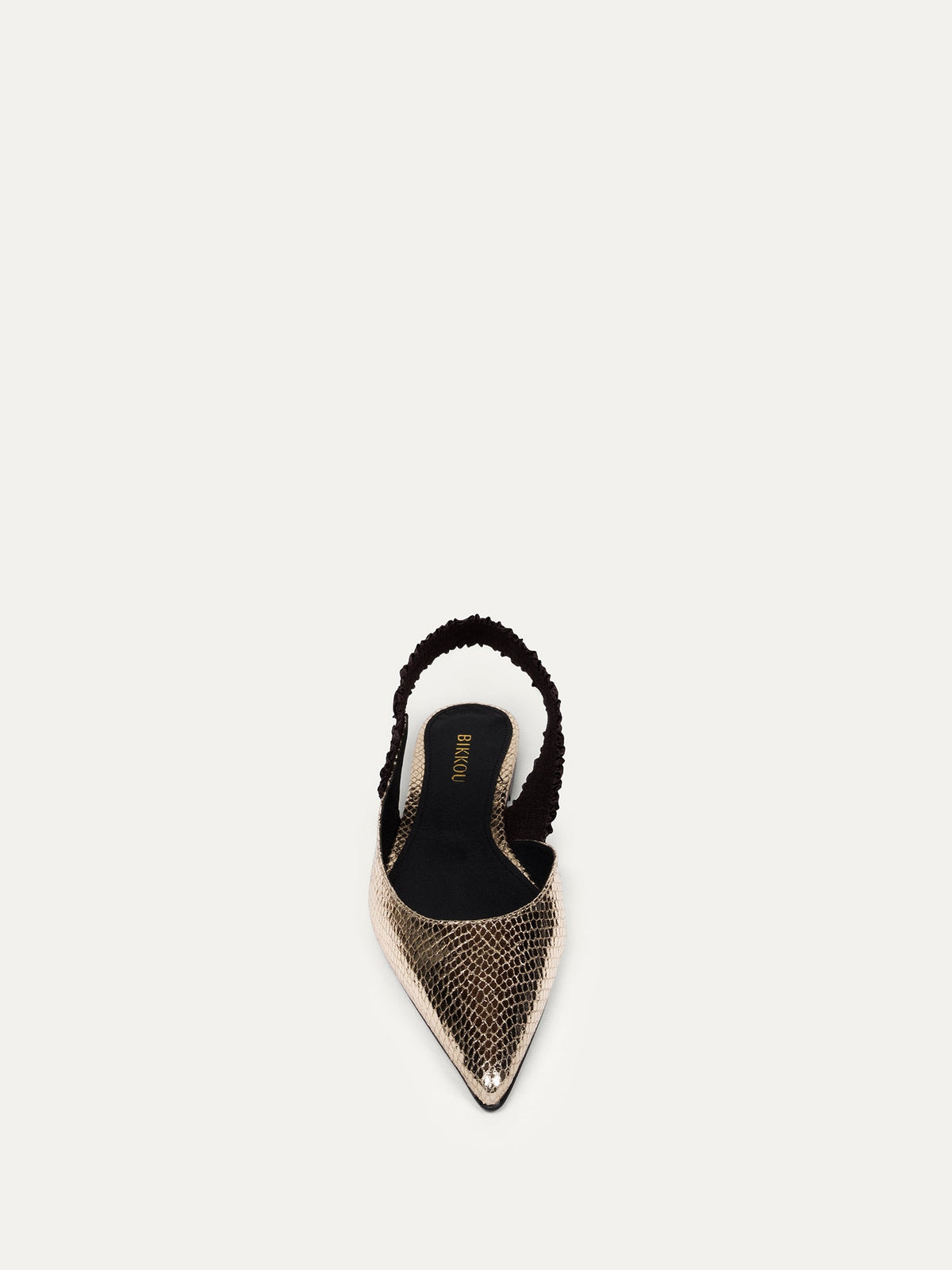 Bikkou 11:30AM Sunday Brunch vegan gold python slip on pointy mule front view