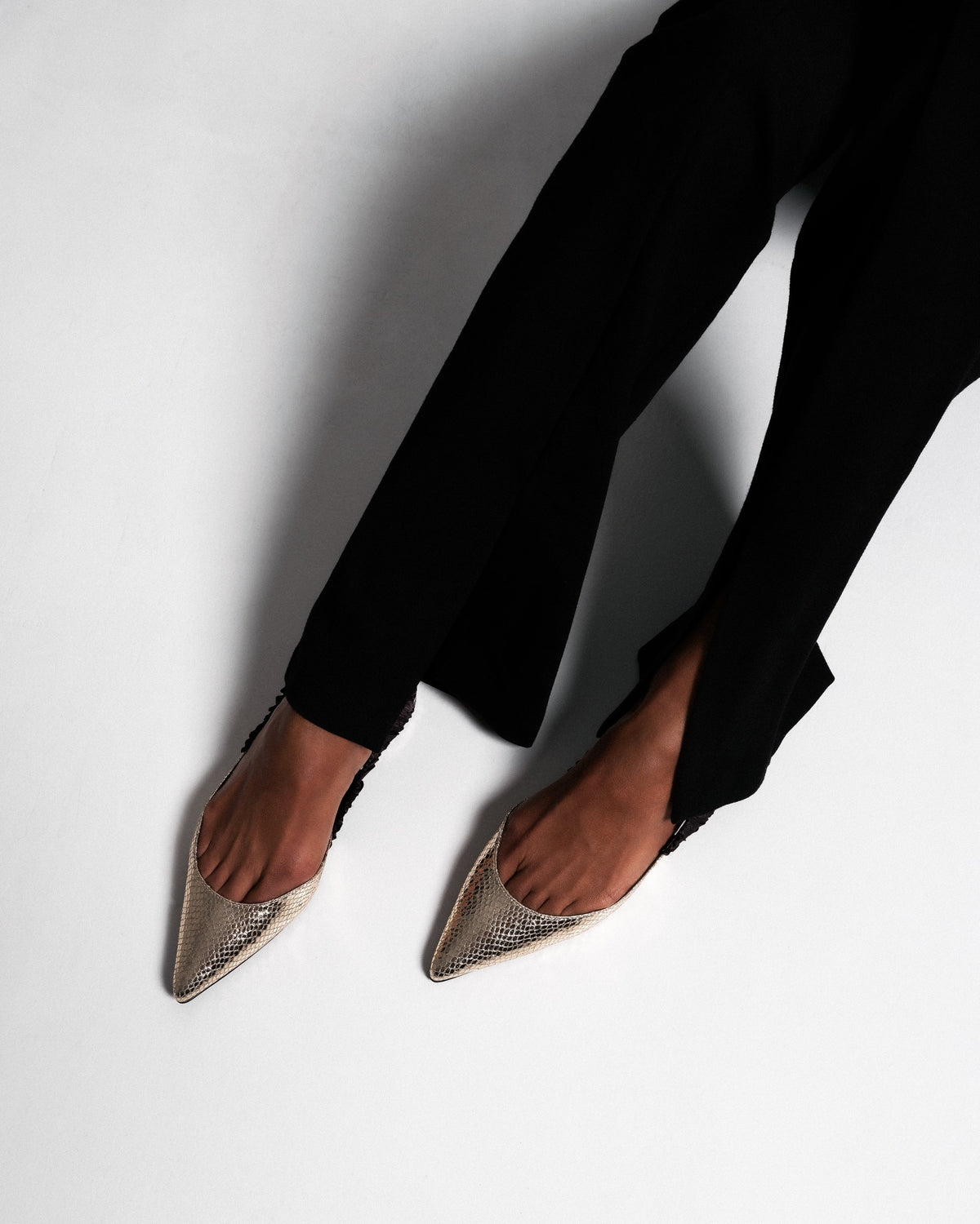 Bikkou 11:30AM Sunday Brunch vegan gold python slip on pointy mule worn