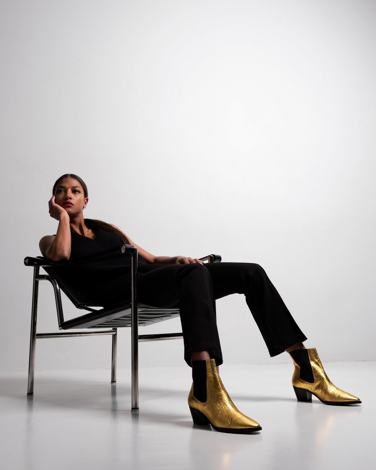 Bikkou 3PM Friday Rocks gold pinatex ankle boots on model