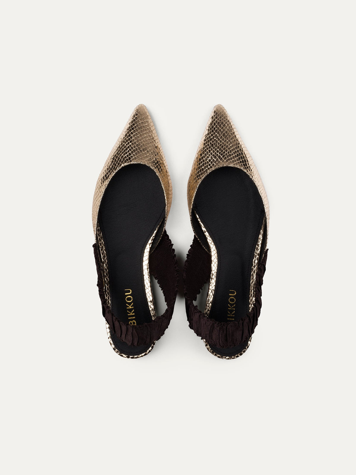 Bikkou 11:30AM Sunday Brunch vegan gold python slip on pointy mule top view