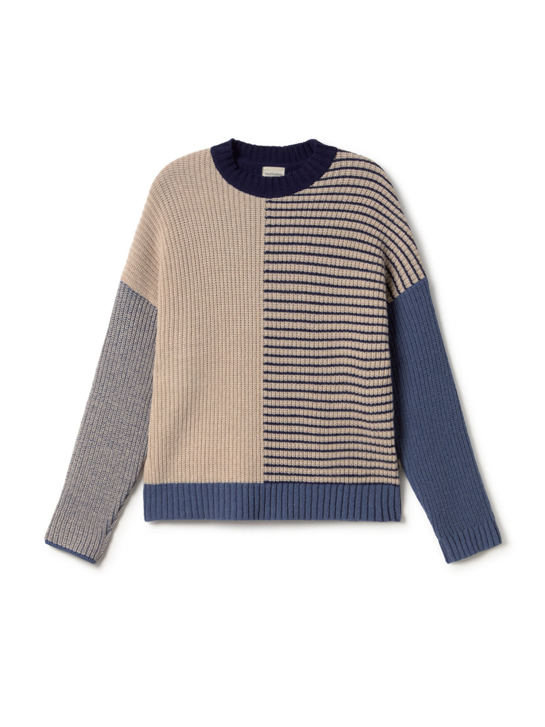 Strickpullover Tubai in blau-beigem Color-Block aus Bio-Baumwolle von TWOTHIRDS
