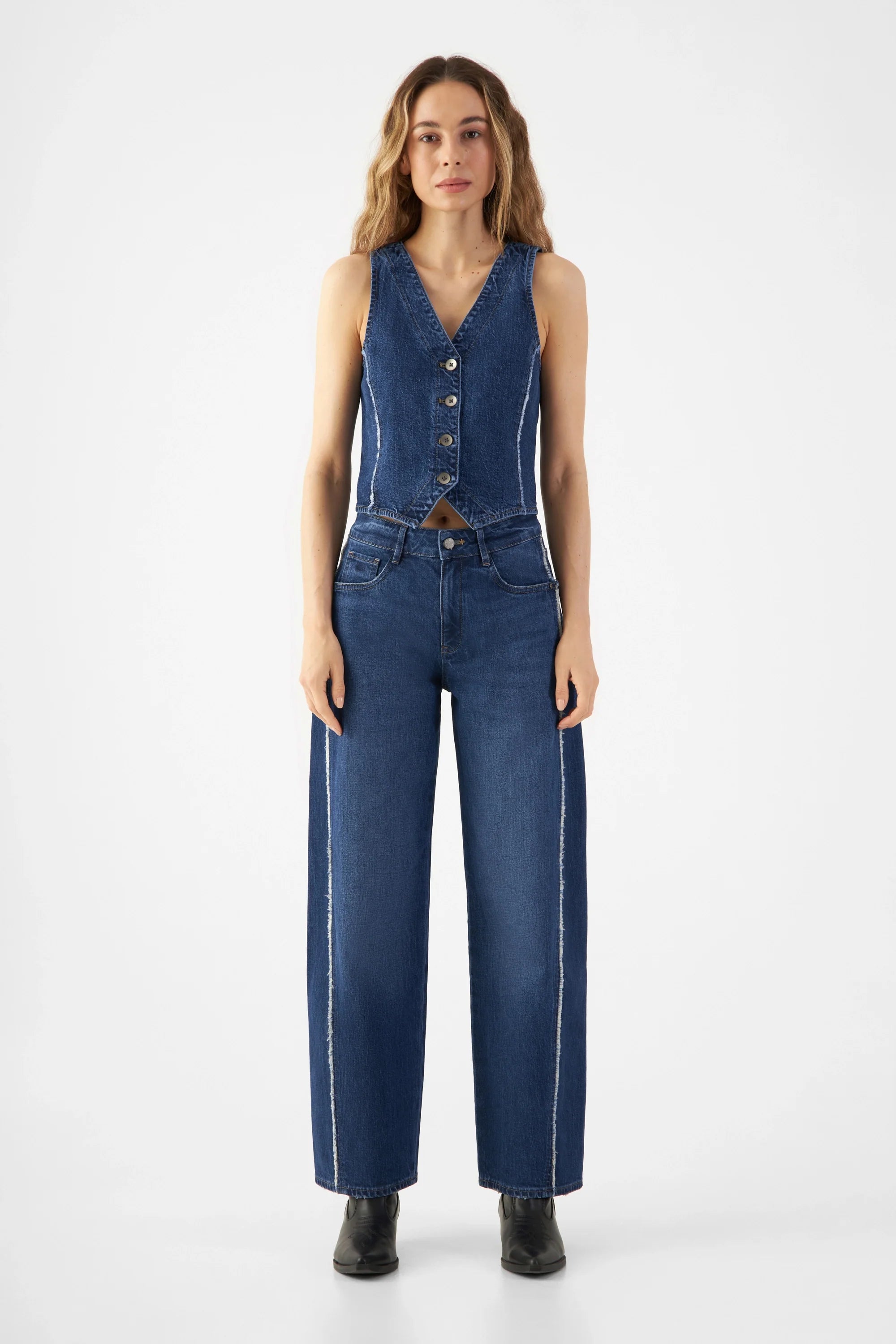 Dark blue ASTRA denim vest made from organic cotton by Dawn Denim