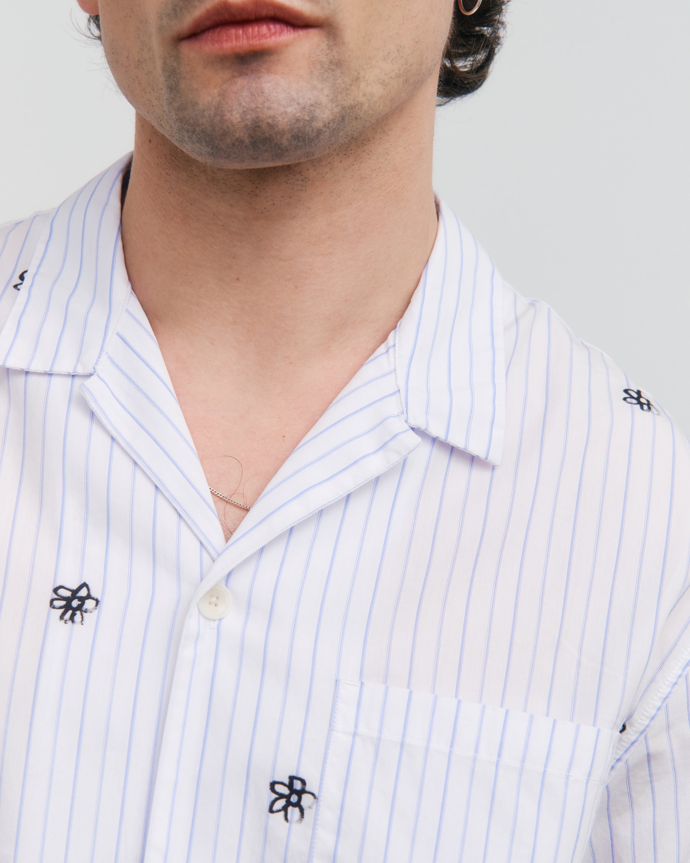 Rotholz Organic Cotton Striped Bowling Shirt with Flower Print