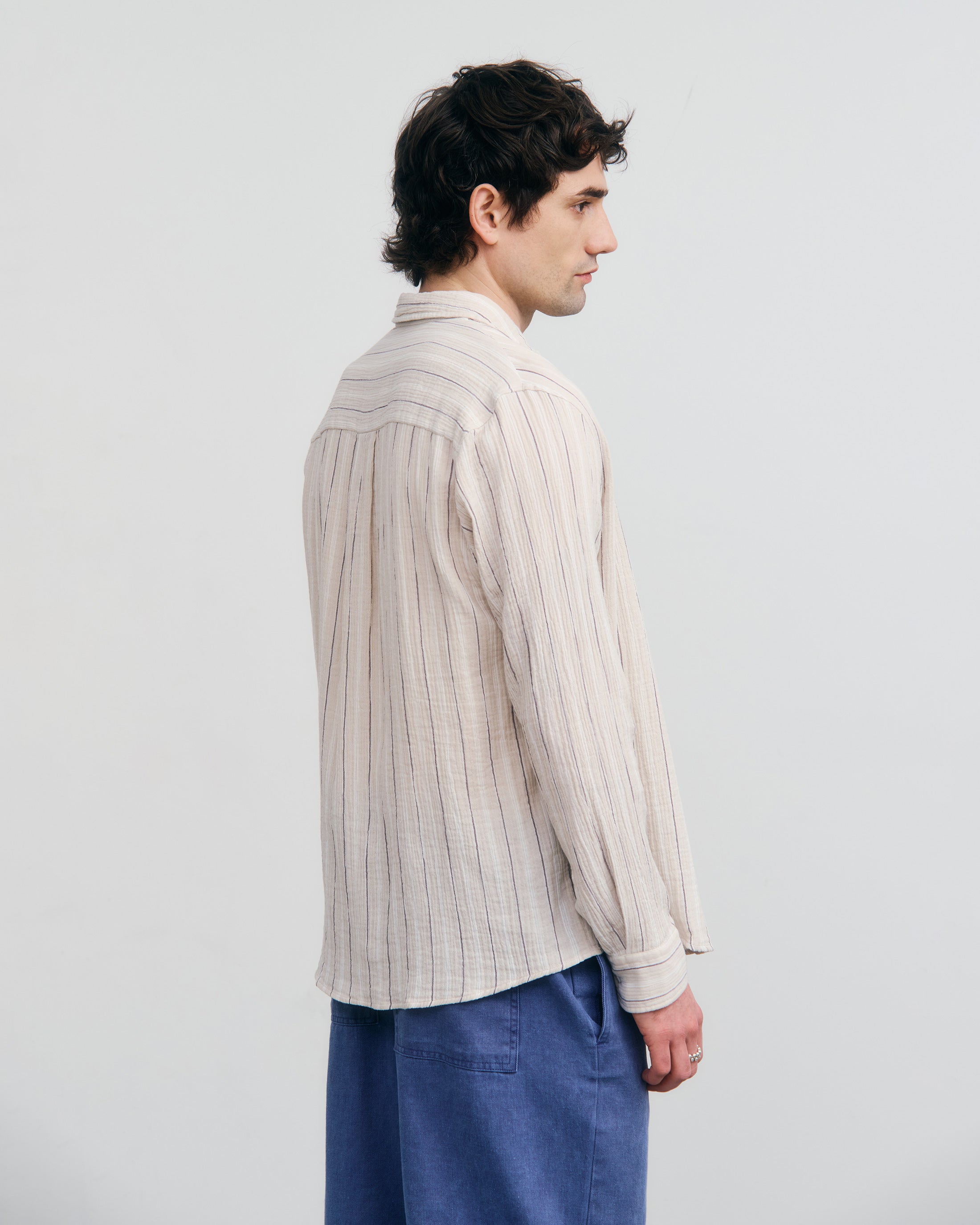 Beige striped organic cotton muslin shirt by Rotholz