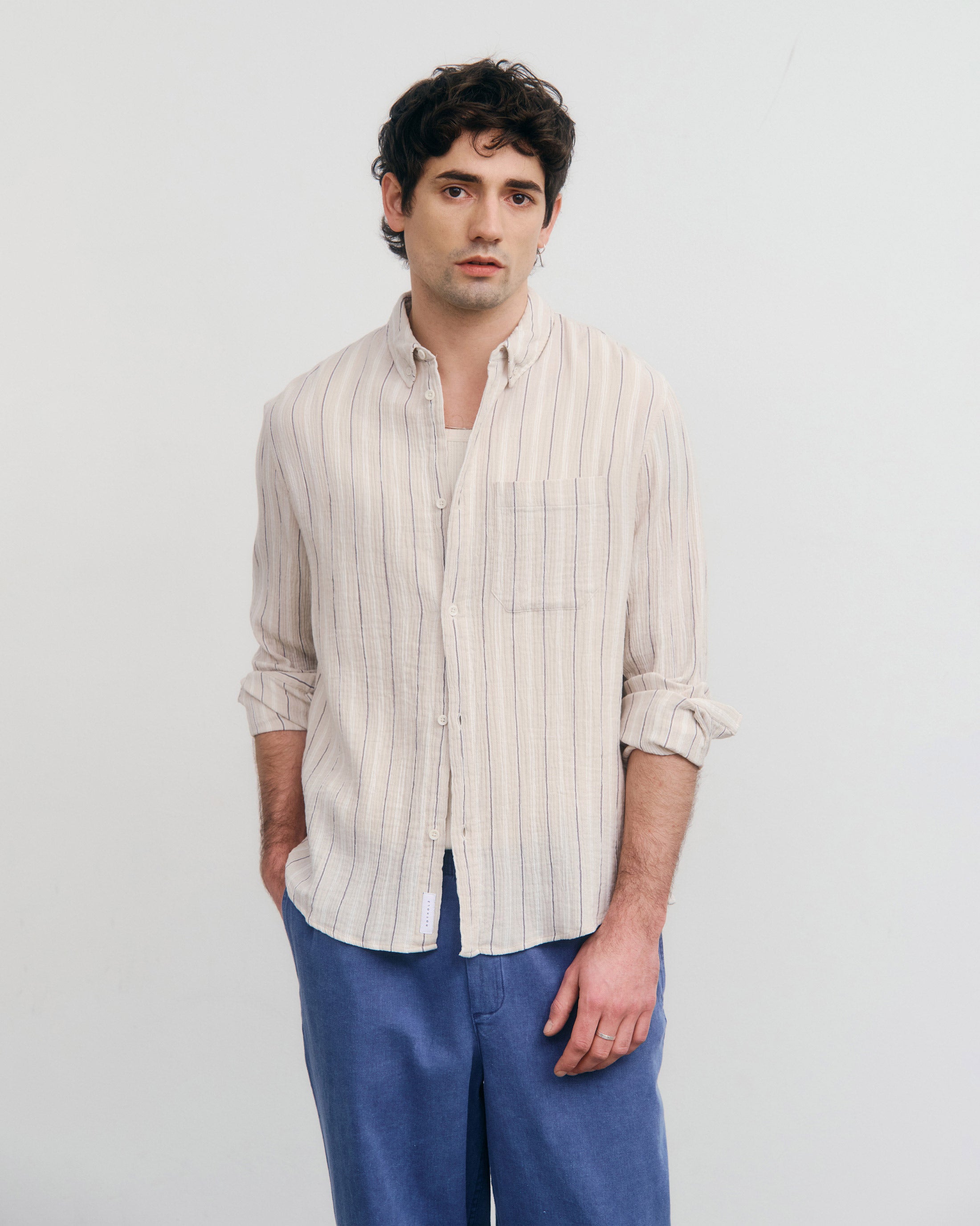 Beige striped organic cotton muslin shirt by Rotholz