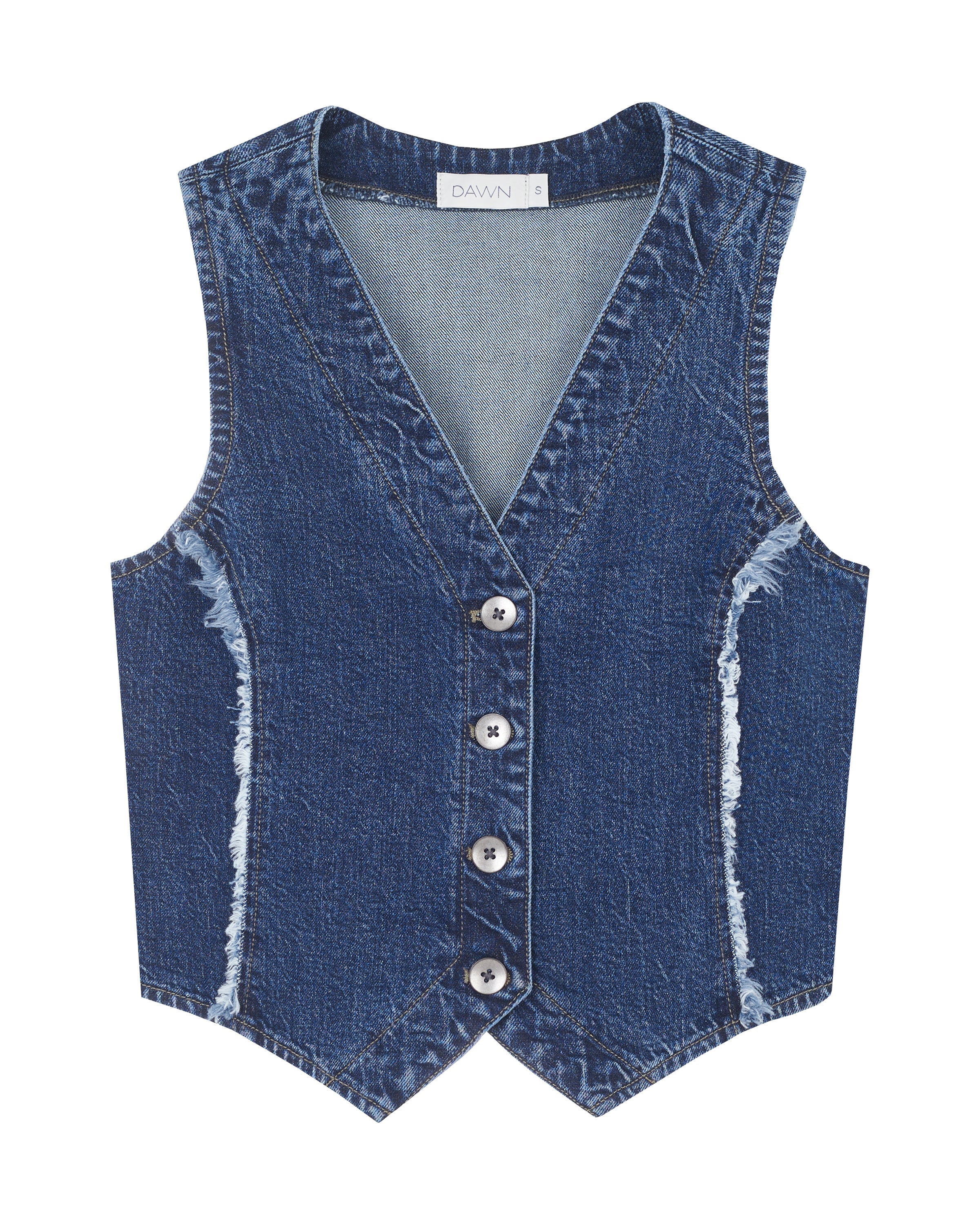 Dark blue ASTRA denim vest made from organic cotton by Dawn Denim