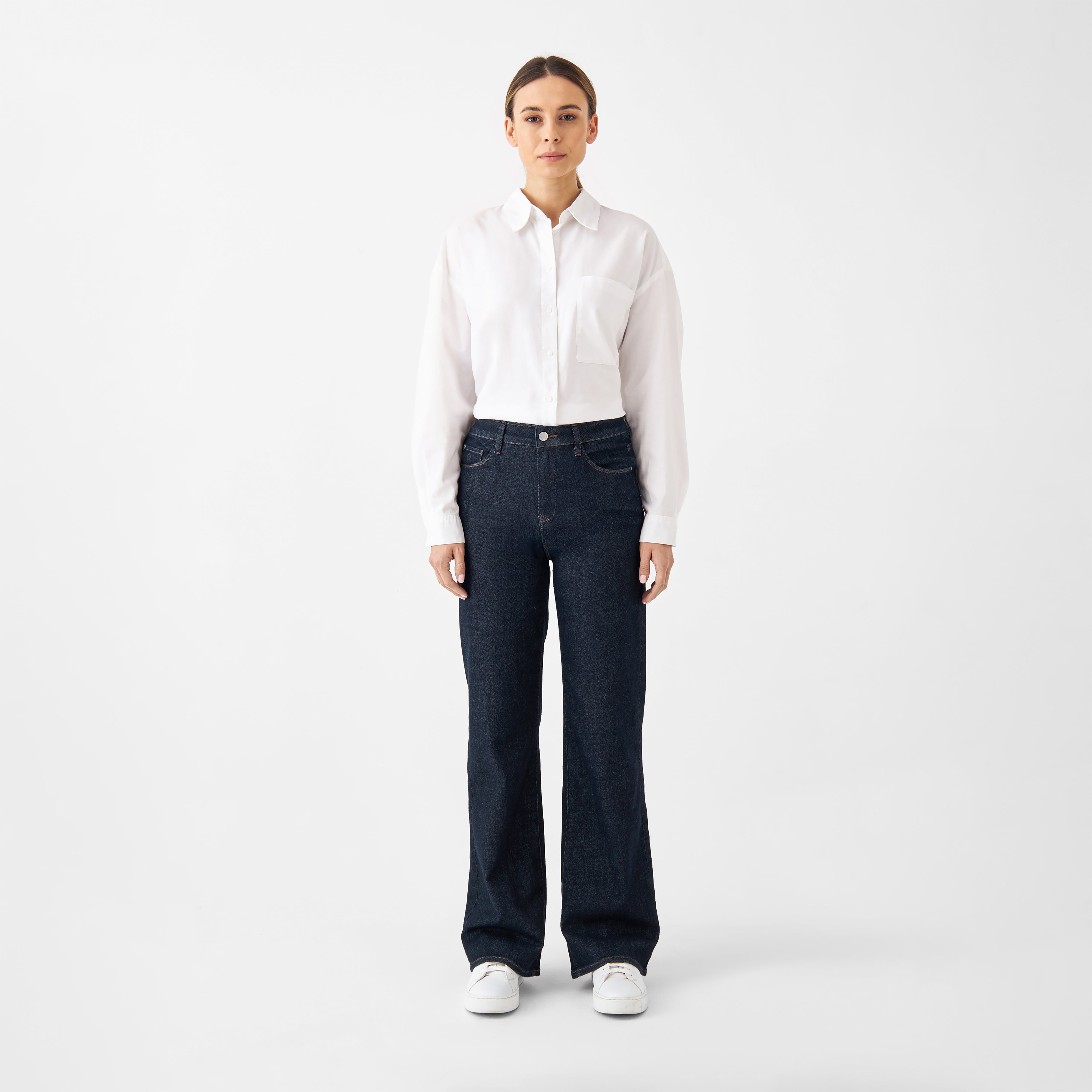 Dark blue DEW Flared Classic jeans made from organic cotton by Dawn Denim