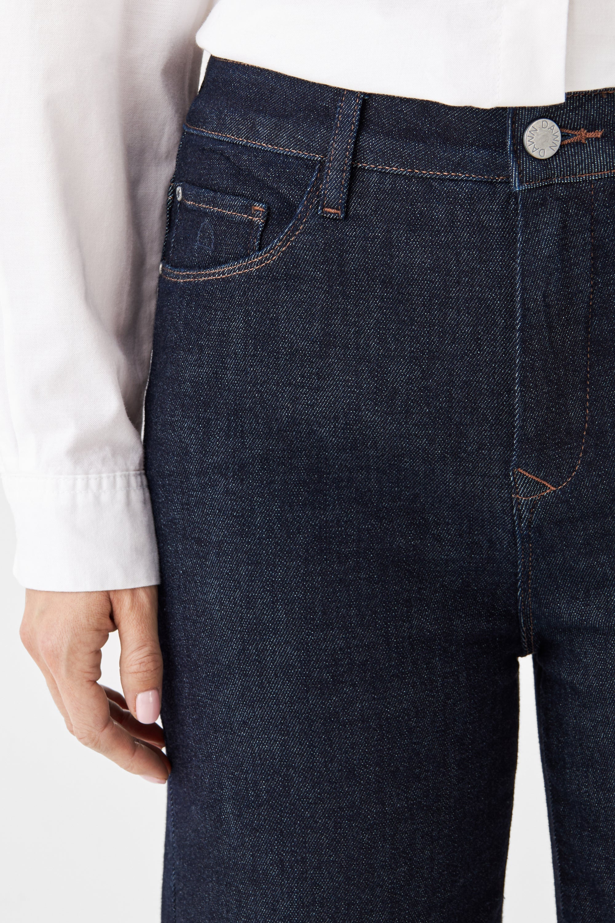 Dark blue DEW Flared Classic jeans made from organic cotton by Dawn Denim