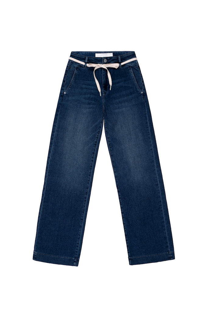 Dunkelblaue Jeans DEW Flared Cropped French Pocket aus Bio-Baumwolle von Dawn Denim
