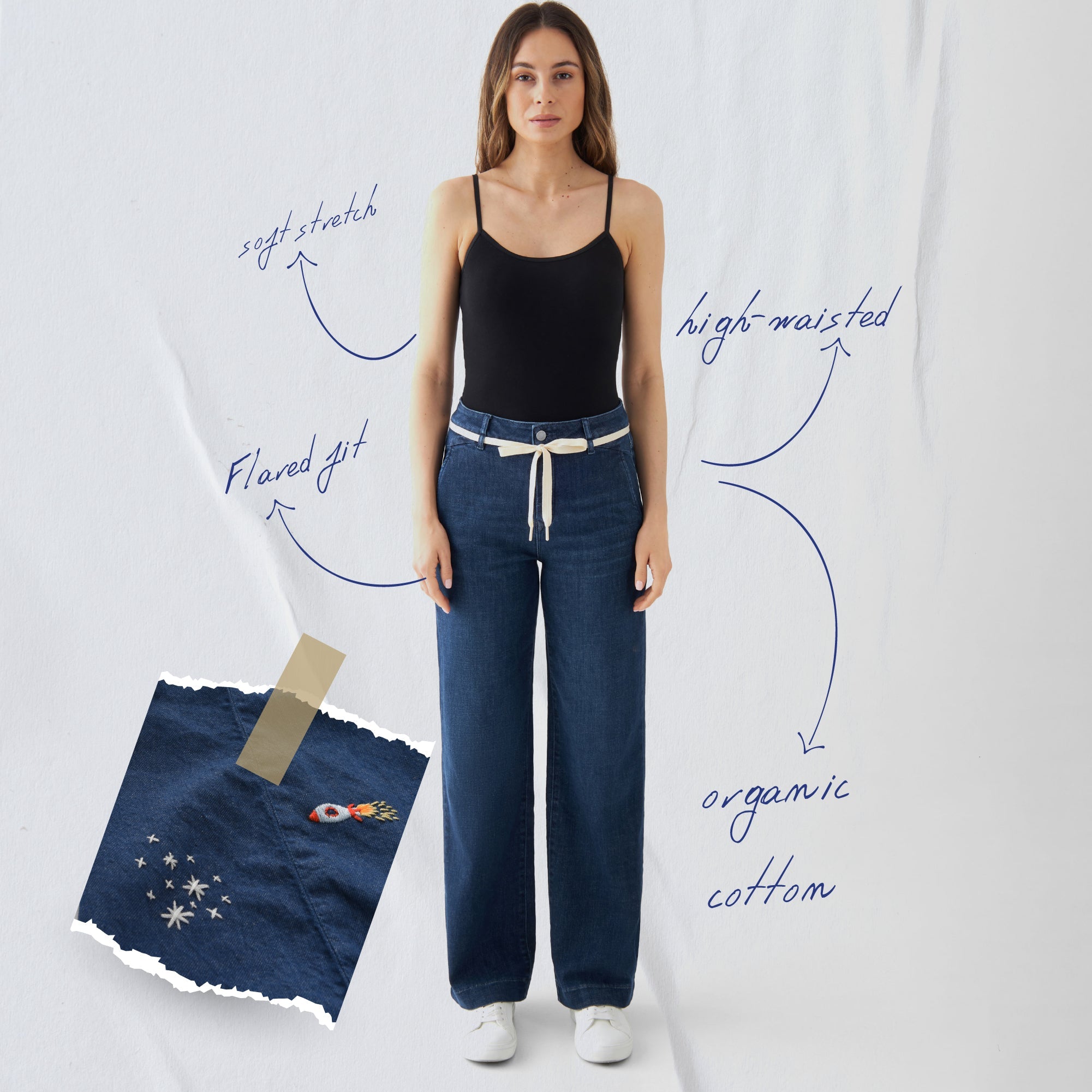 Dark blue DEW Flared jeans made from organic cotton by Dawn Denim