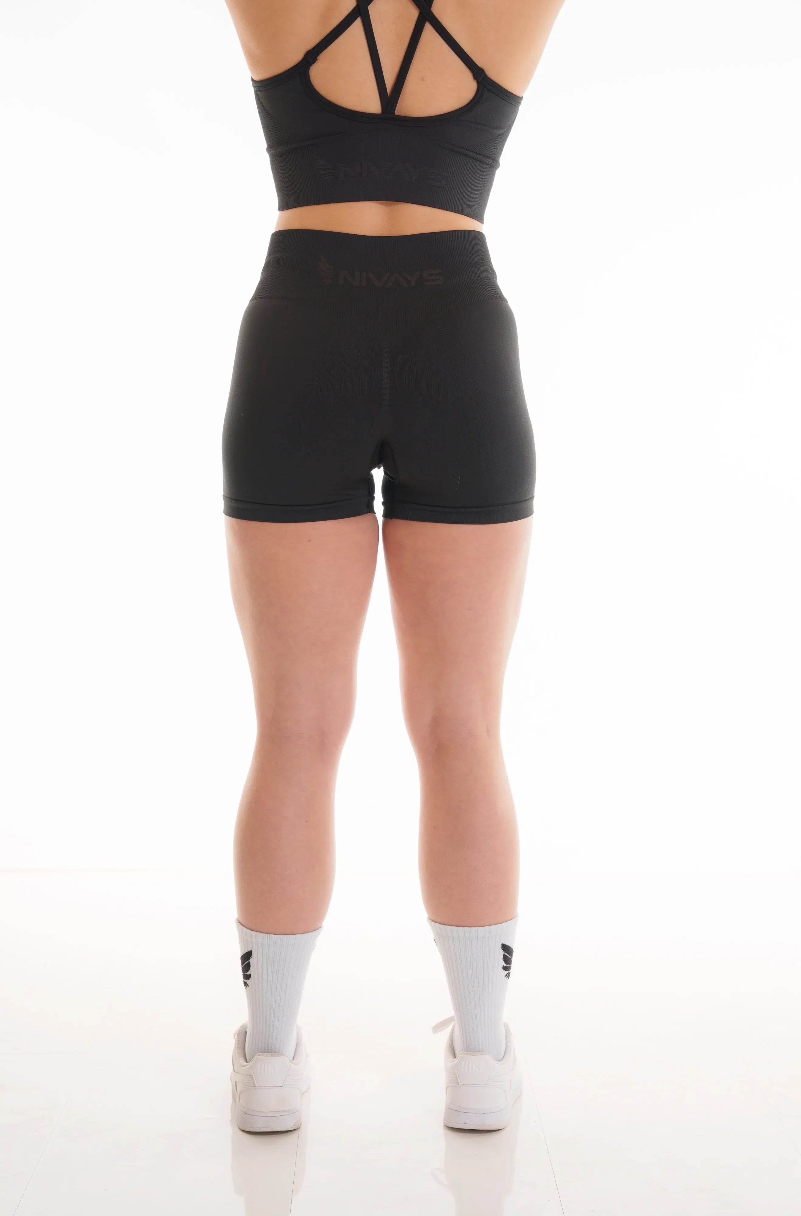 Black Zeyla Seamless Booty Shorts in Recycled Polyester by Nivays