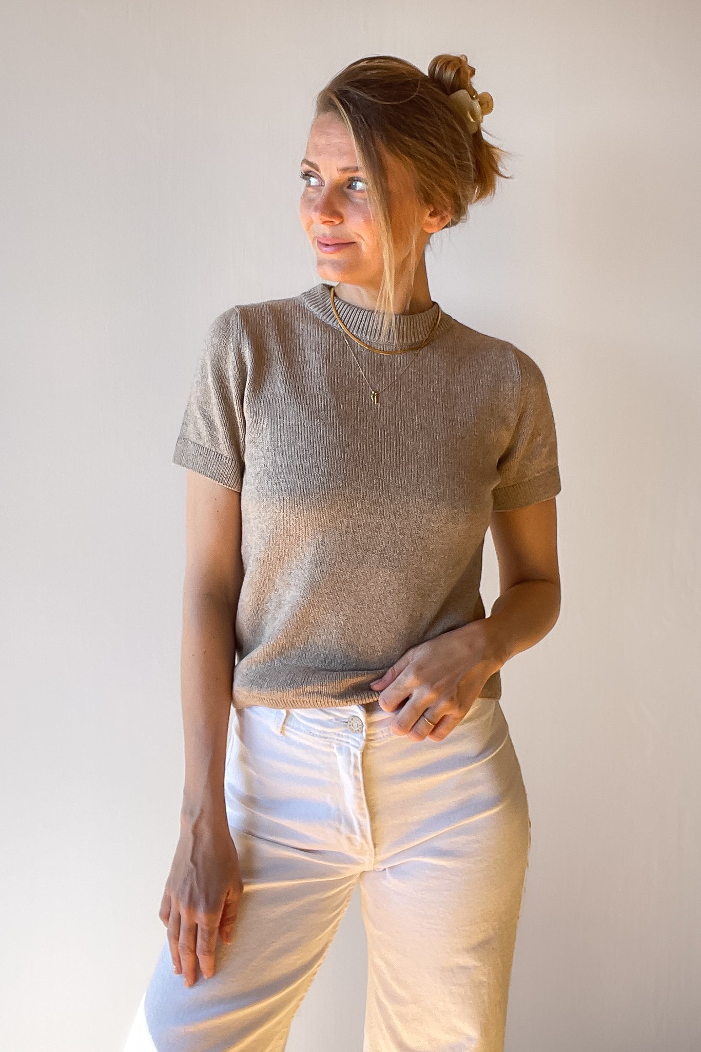 Beige knit T-shirt VERA made of organic cotton by Pura Clothing
