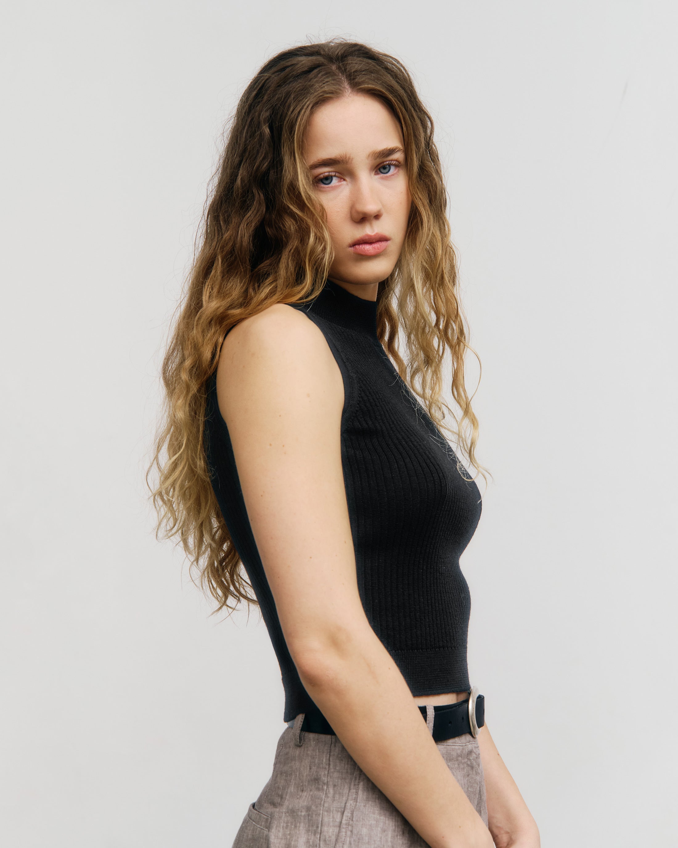 Black Knitted Singlet Top Made of 100% Merino Wool by Rotholz