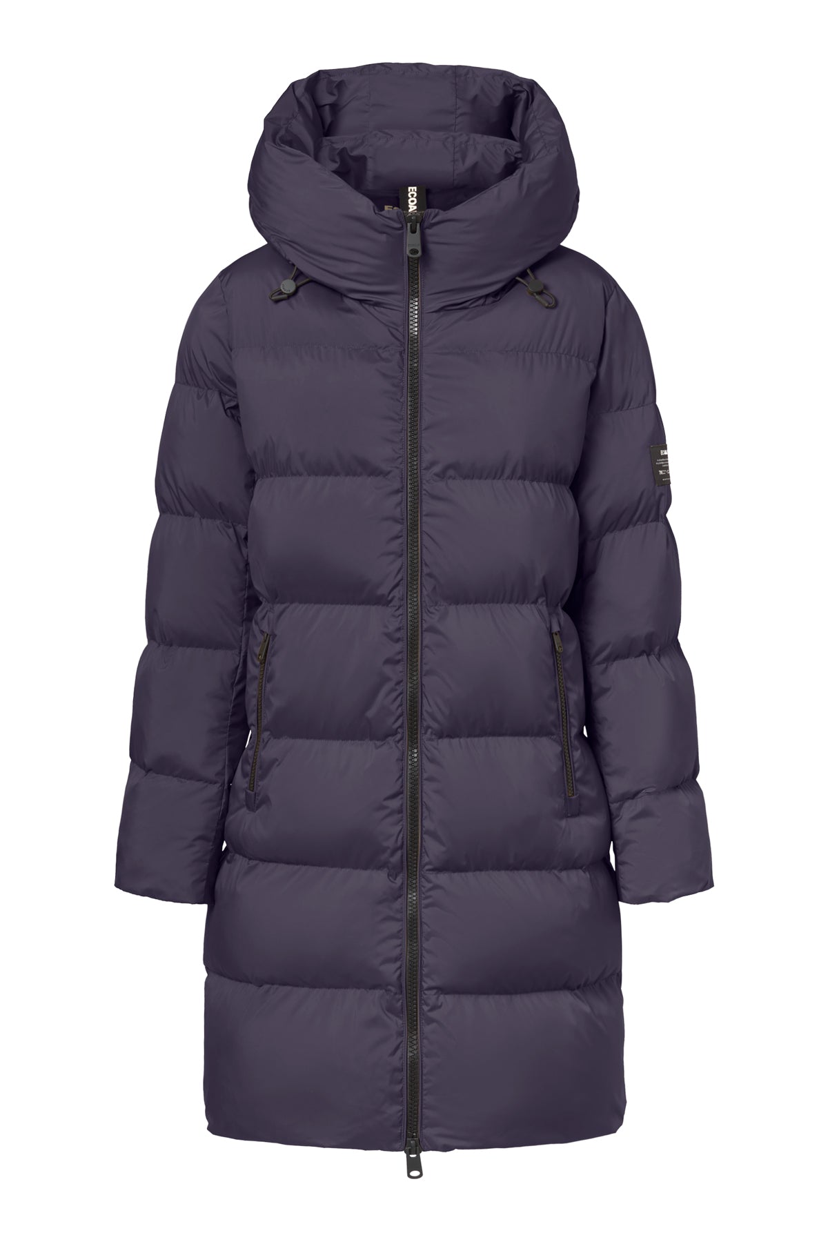 Long down jacket made of 100% recycled polyester (PET bottles) by ECOALF in a beautiful blueberry shade