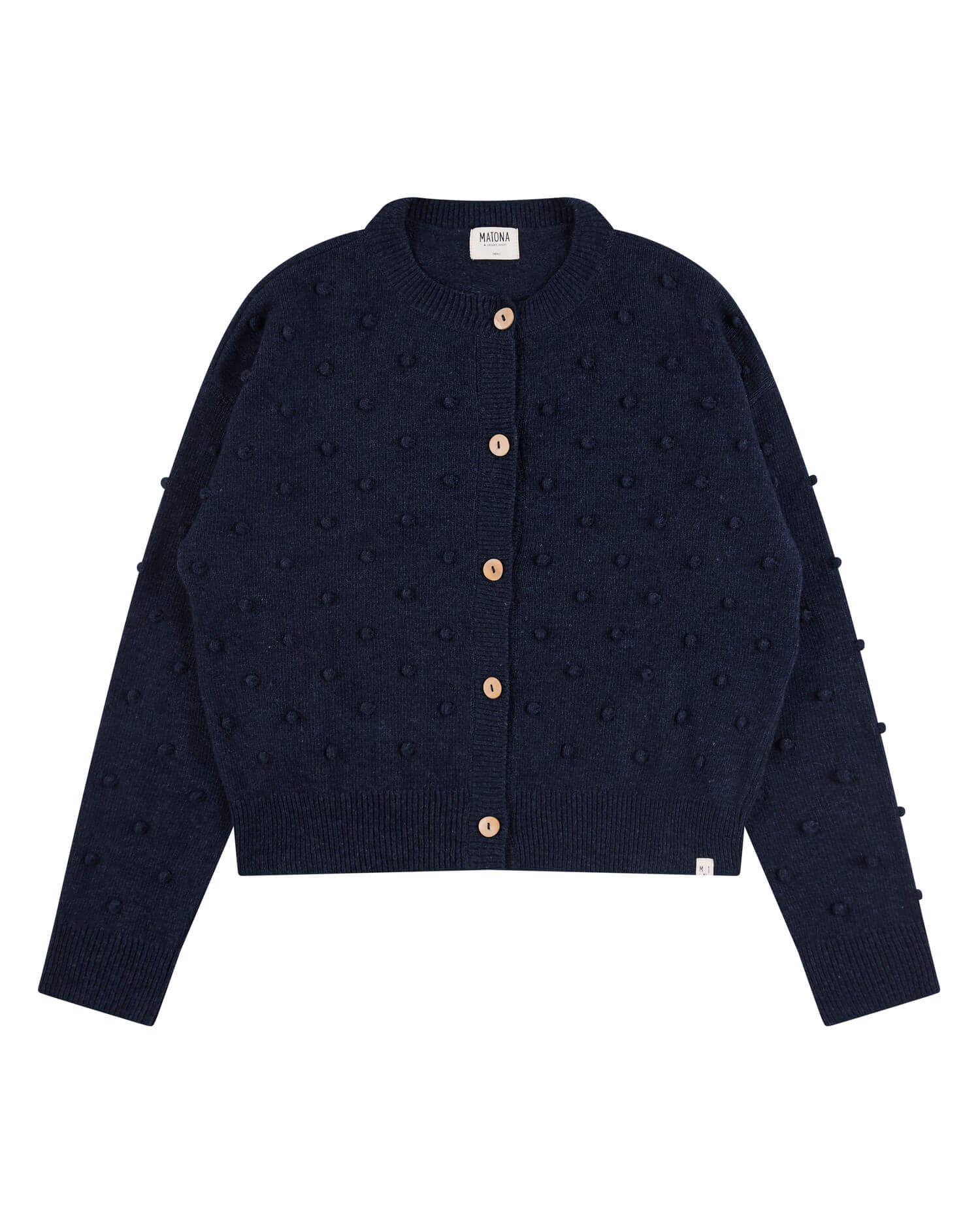 Dark blue Popcorn cardigan made from recycled wool by Matona