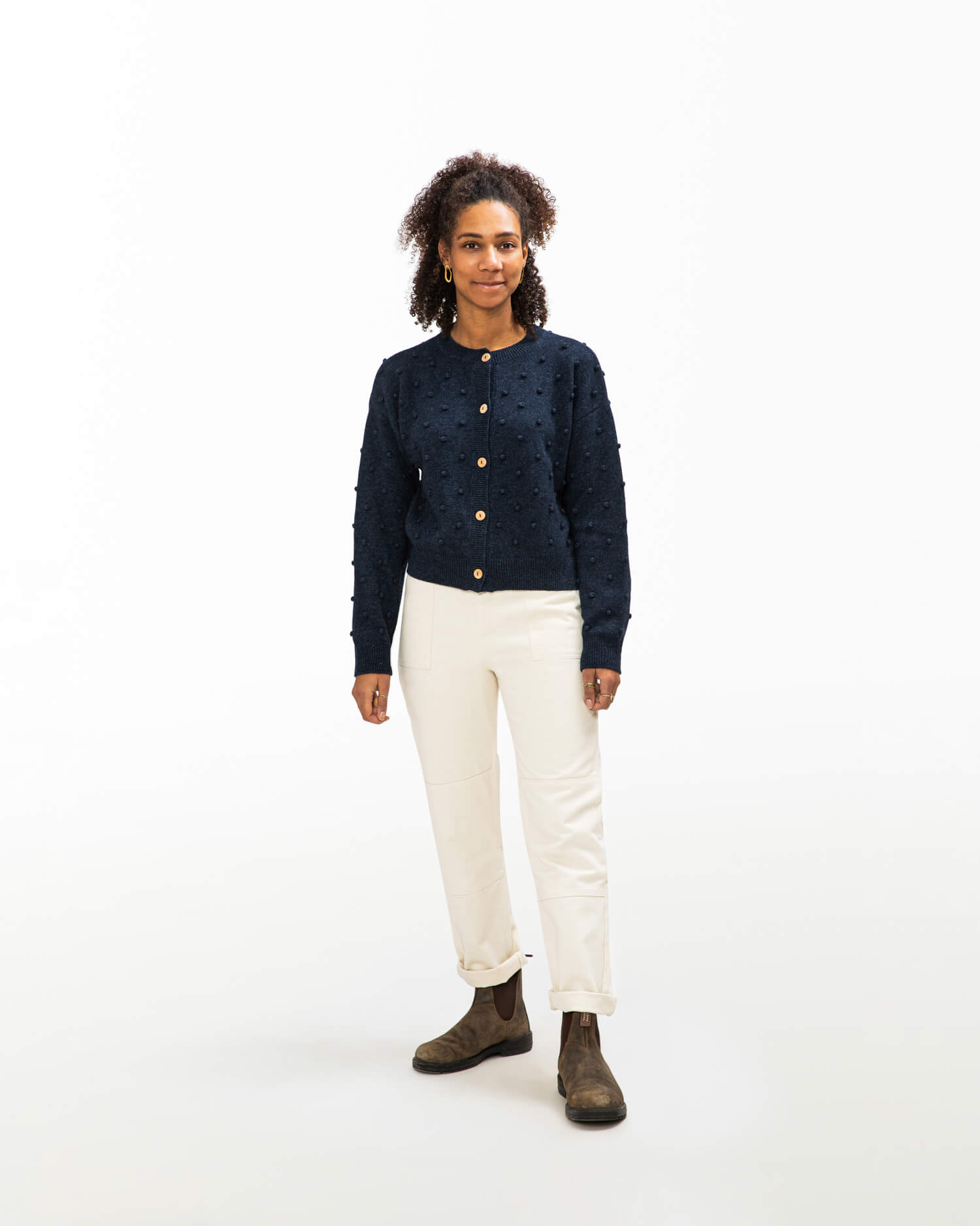 Dark blue Popcorn cardigan made from recycled wool by Matona