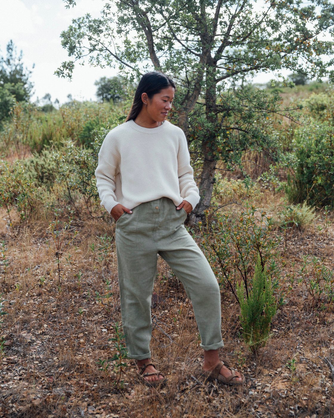 Beige almond overalls made of linen by Matona