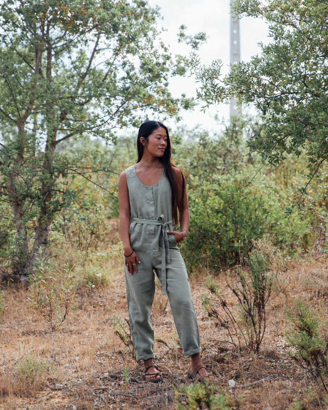 Beige almond overalls made of linen by Matona