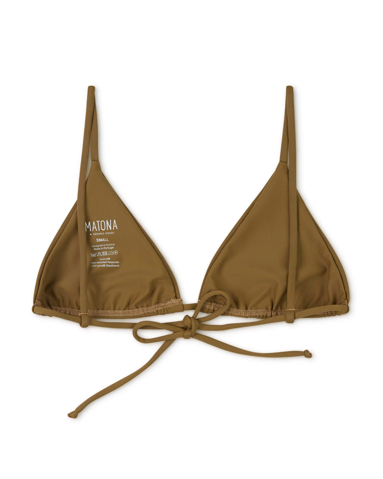 Brown triangle bikini top made from recycled polyamide from Matona