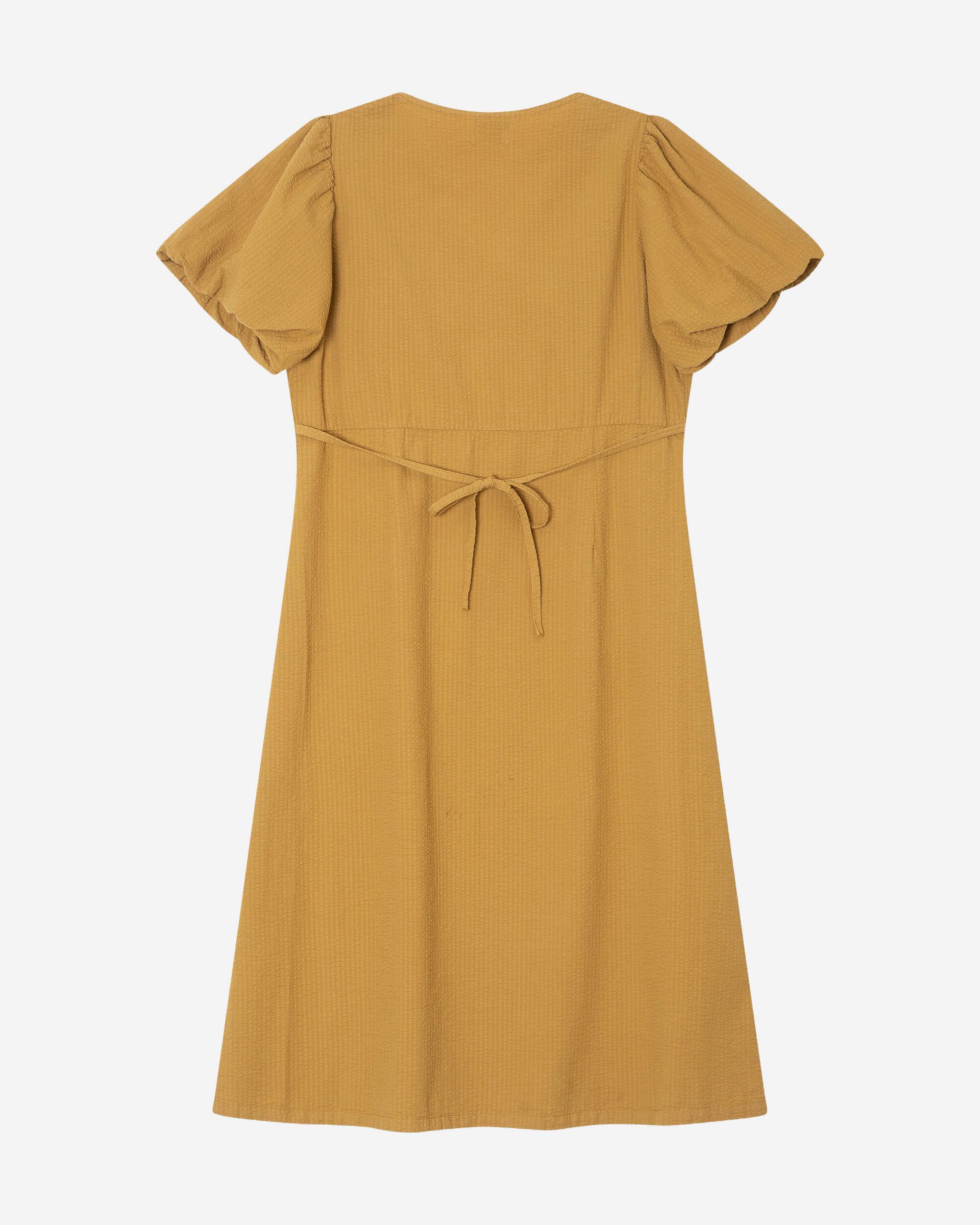 Dark yellow V-neck dress made from 100% organic cotton by Matona
