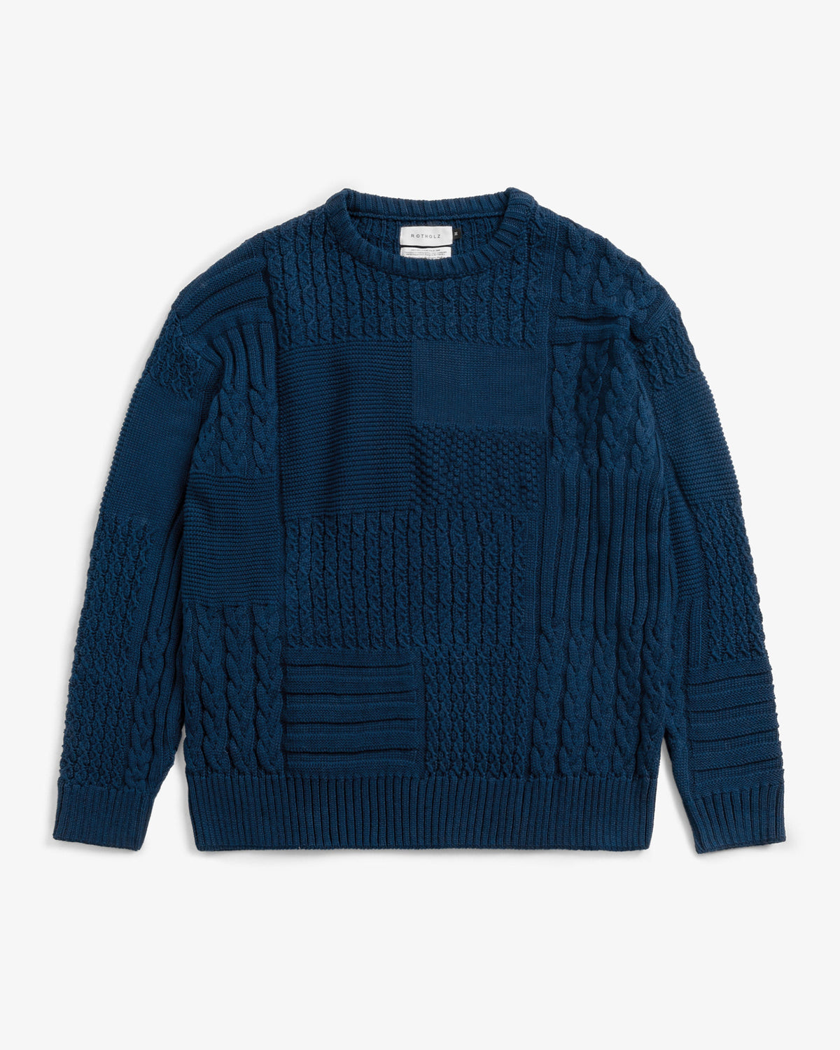 Dark blue knitted patchwork sweatshirt made of 100% organic cotton by Rotholz
