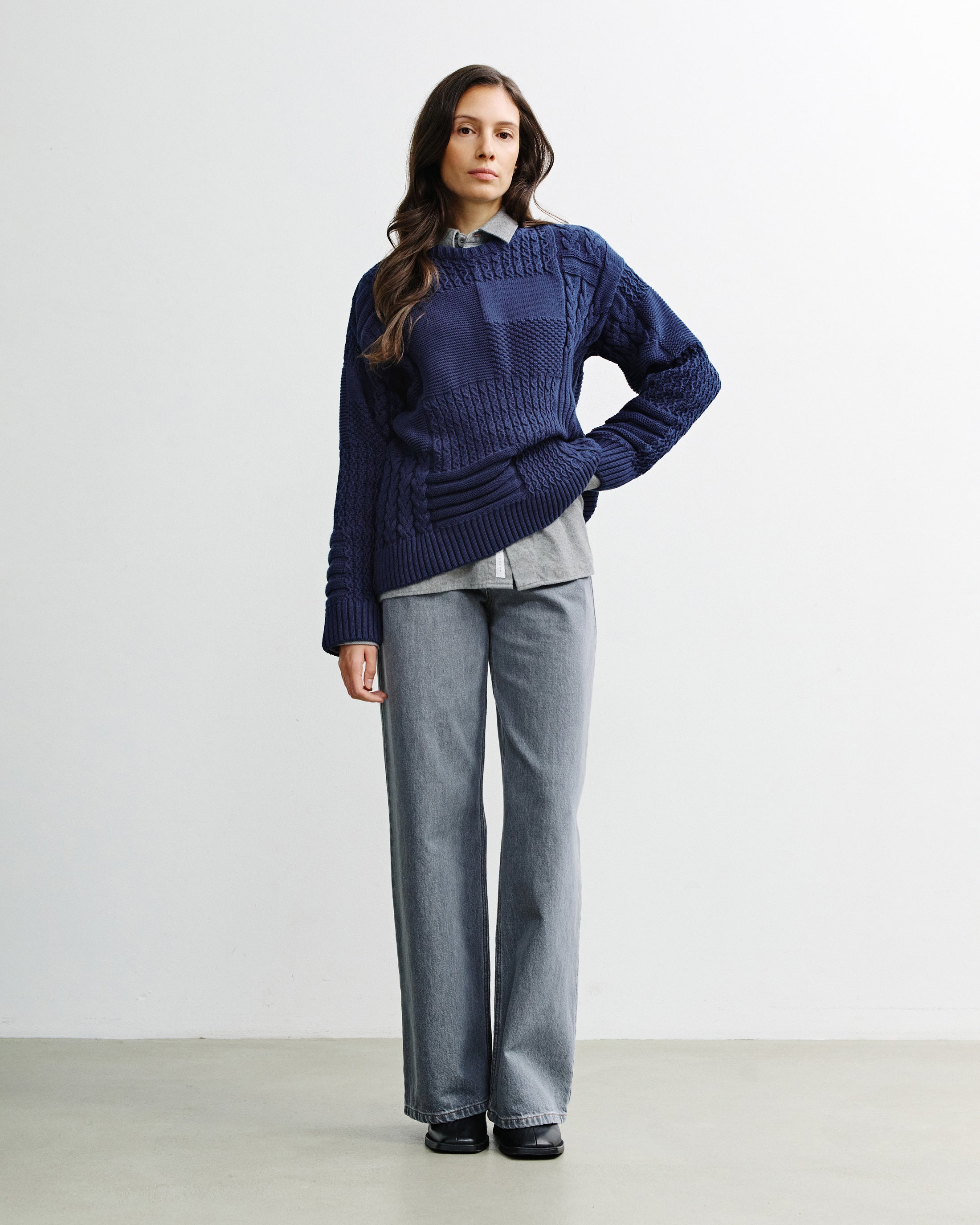 Dunkelblaues Strick-Sweatshirt Patchwork aus 100% Bio-Baumwolle von Rotholz
