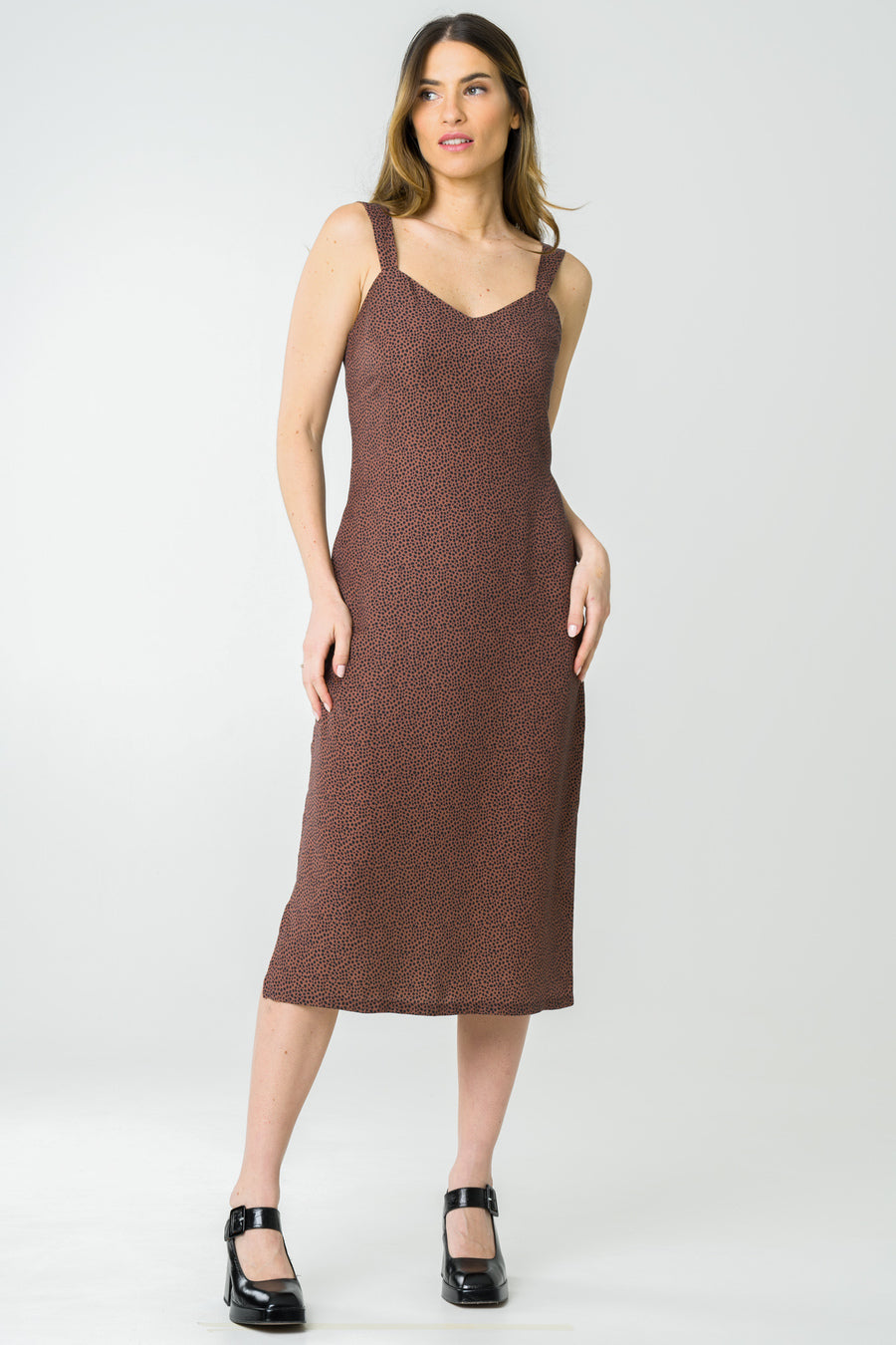 Robe à bretelles mi-longue imprimé léopard en Tencel, élégante, éthique et écoresponsable