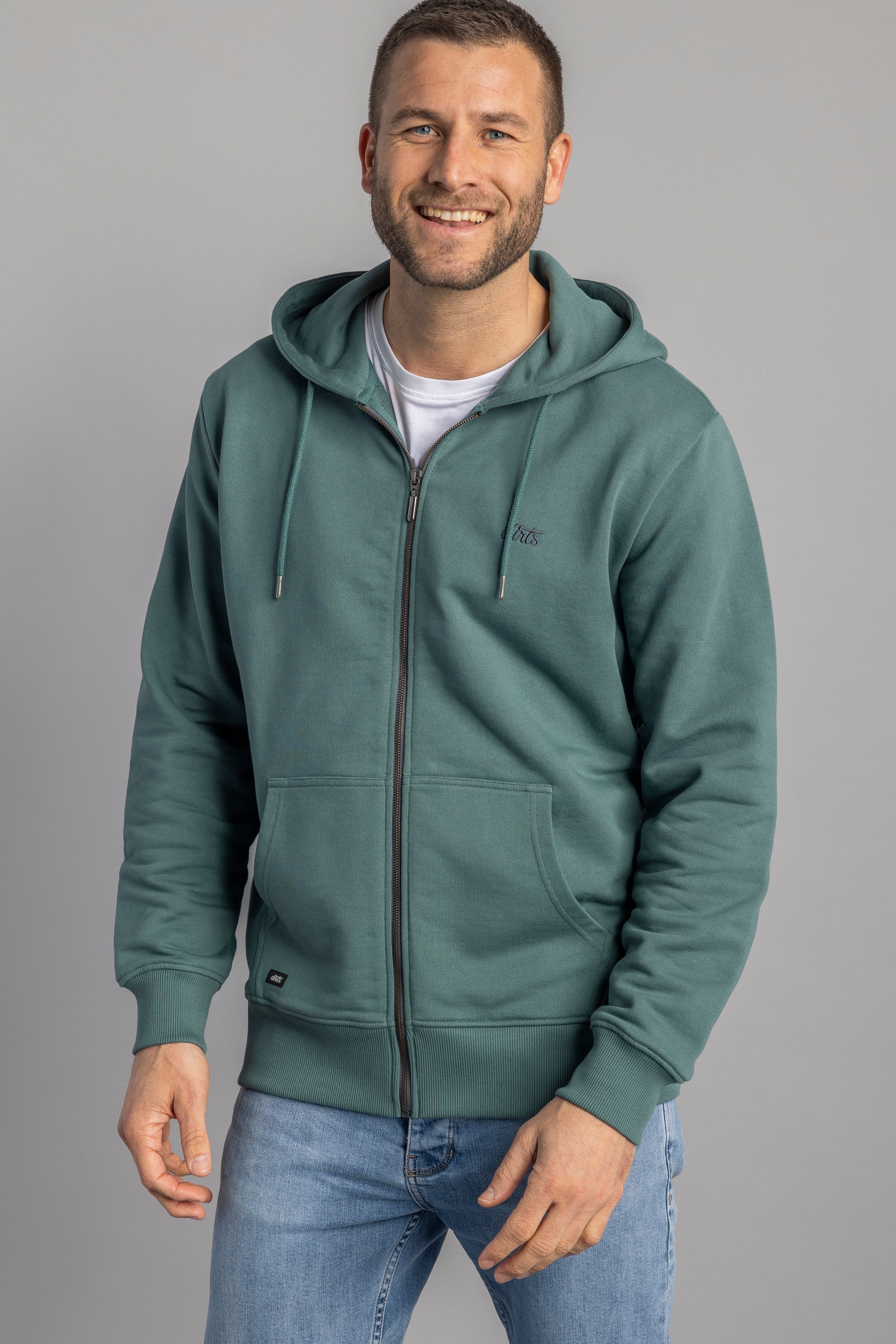 Green zip hoodie made from 100% organic cotton from DIRTS