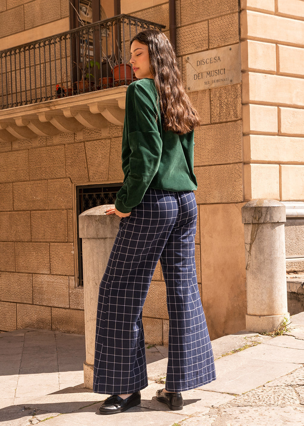 Pantalon Geena en coton bio à carreaux bleus de Komana