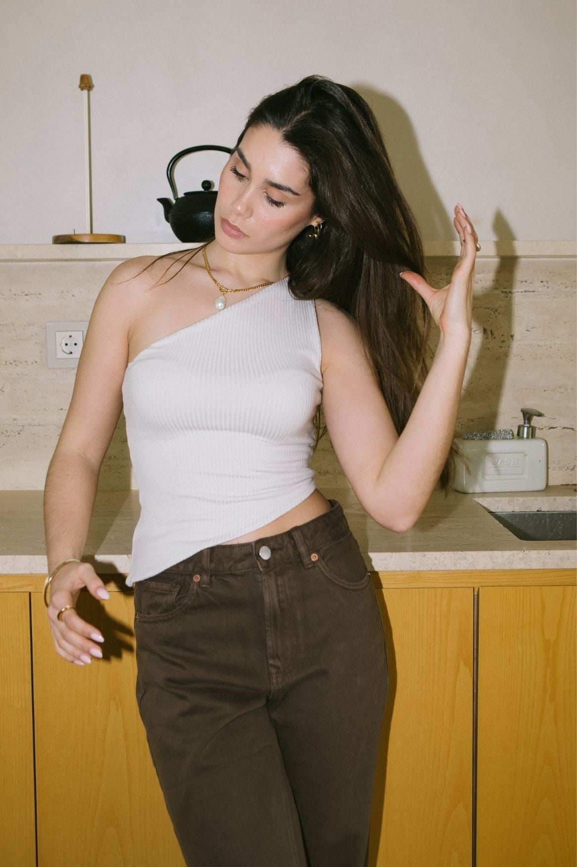 Asymmetrical One - Shoulder Top Modal - Greige - Narah Soleigh | Luxe Line