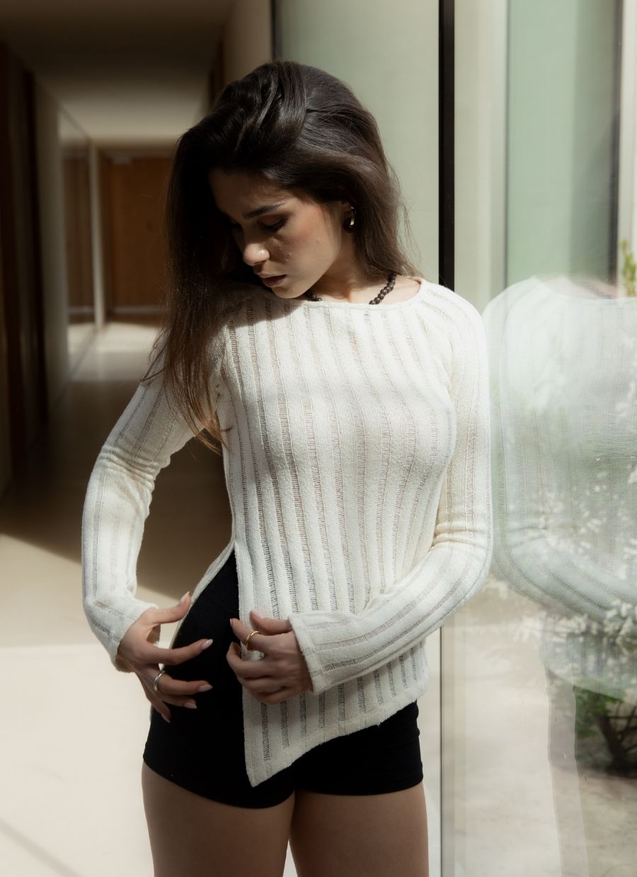 Asymmetrical Ribbed Longsleeve Organic Cotton - Ecru - Narah Soleigh