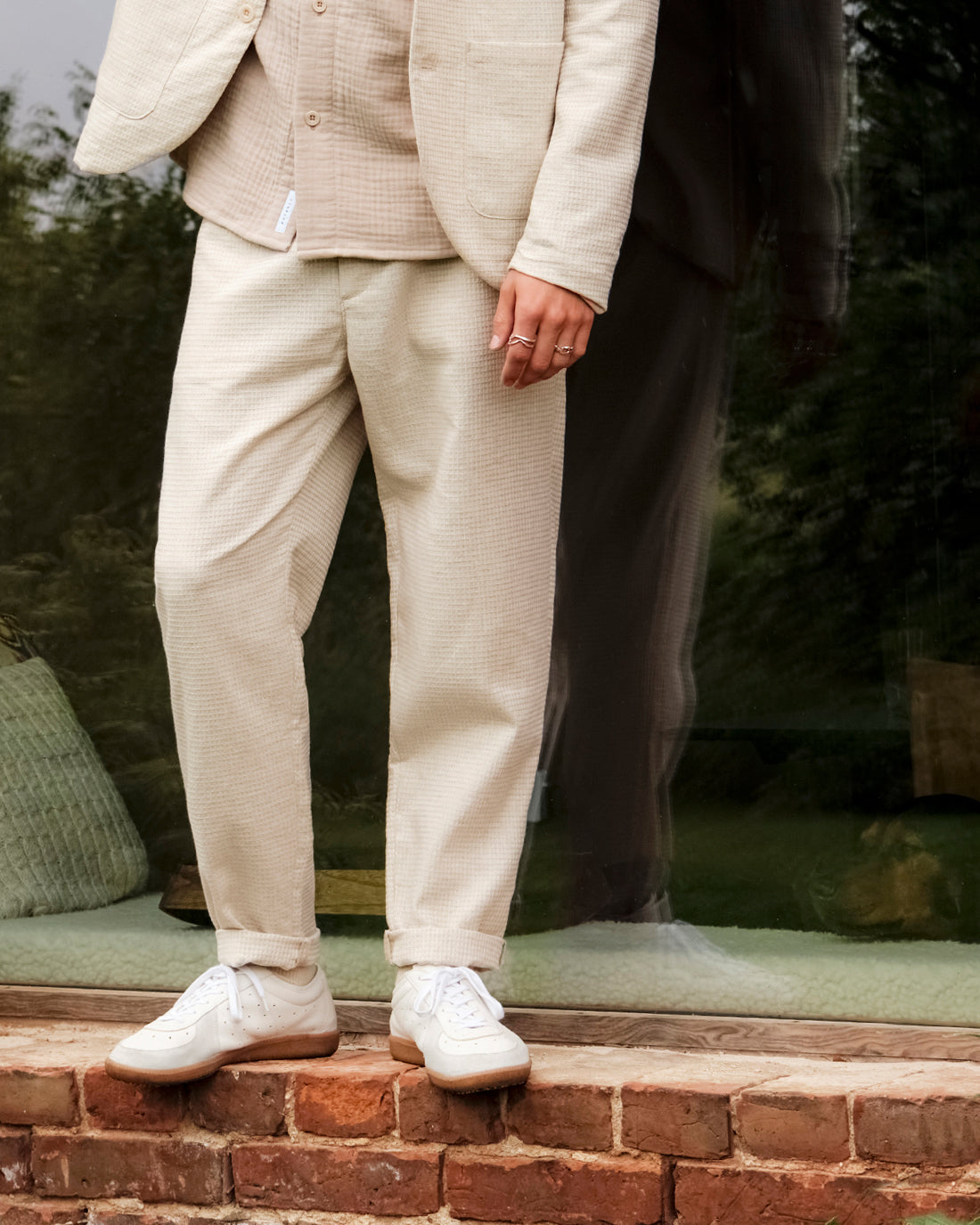 Beige waffle pants made from 100% organic cotton by Rotholz