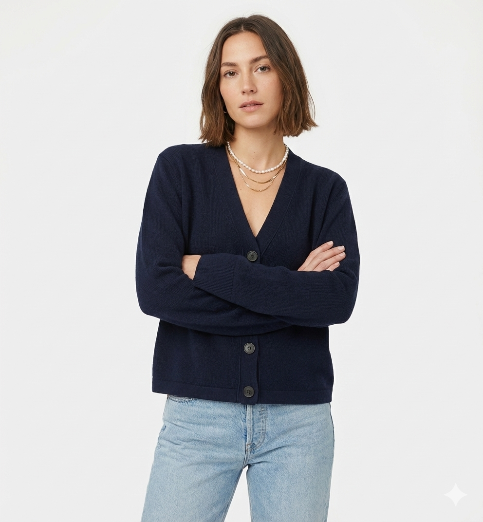 Woman wearing a navy cardigan and light blue jeans on a white background