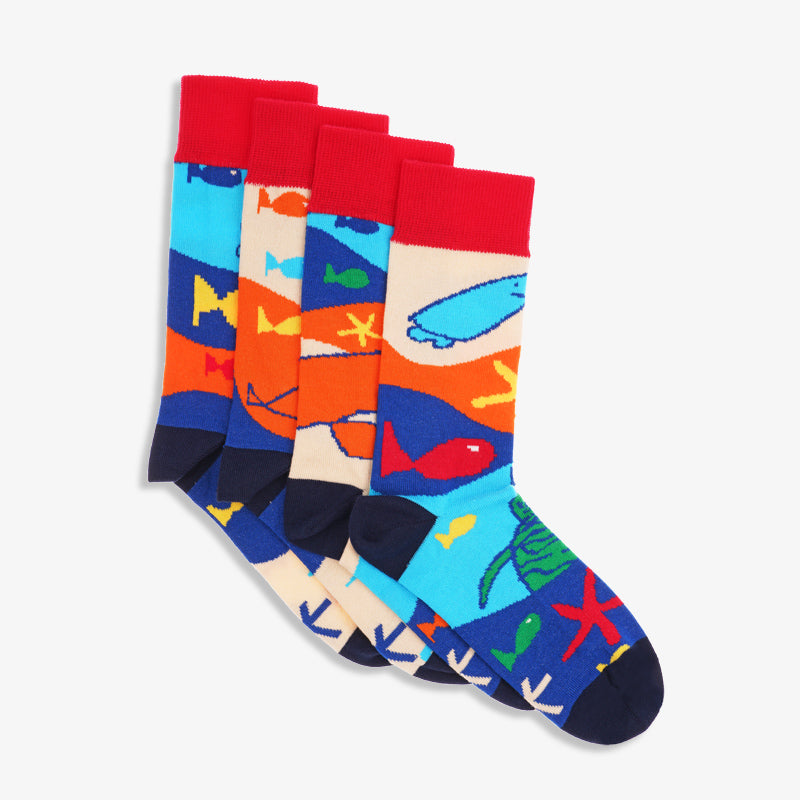 paarsocks-sealife-socken-mismatchedsocks-blau-orange-rot-beige-seite