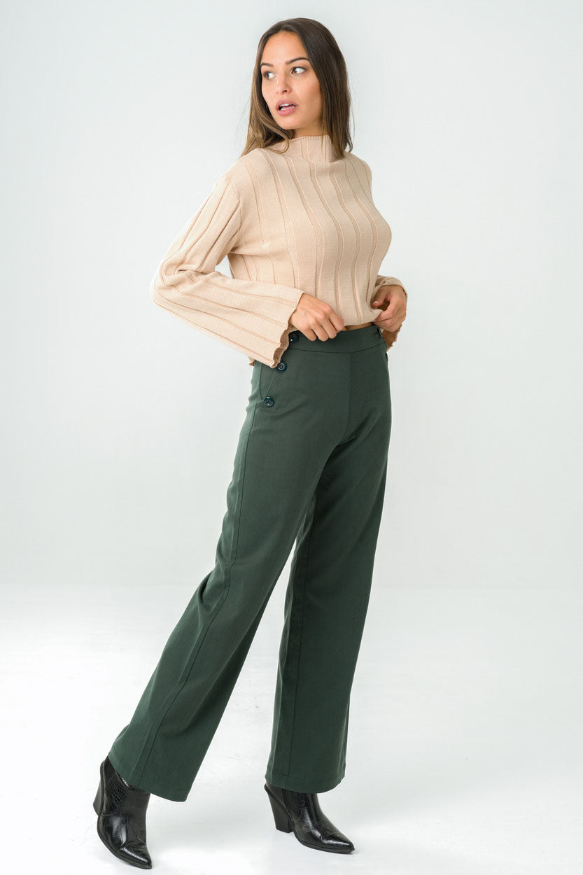 Pantalon à pont vert en Tencel éco-responsable, jambe ample et taille haute, fabriqué en France pour un style élégant et éthique.