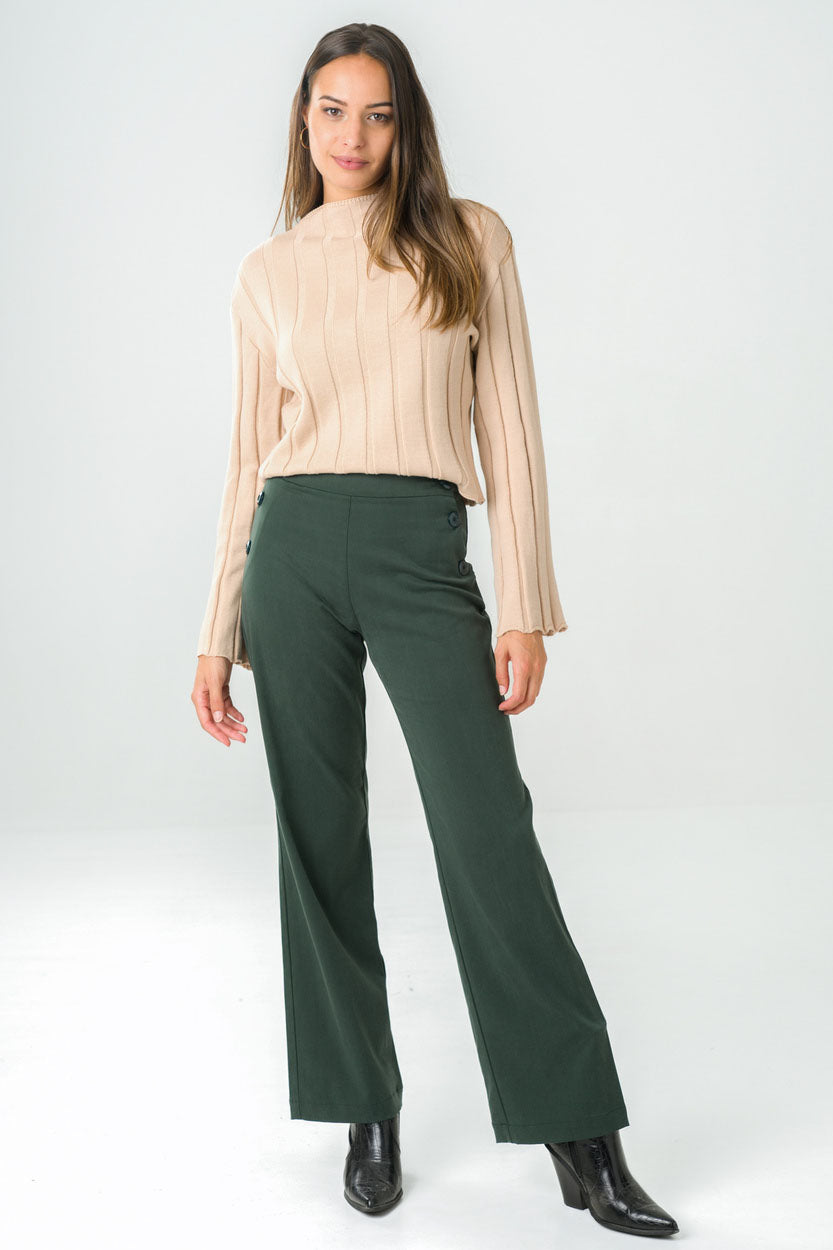 Pantalon éthique à pont en Tencel vert, jambe large et confortable, fabriqué en France avec des matières durables.