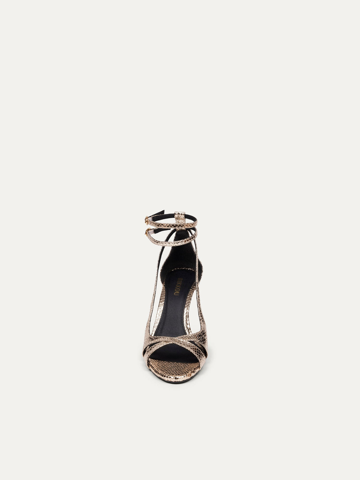Bikkou 9PM Drinks with Friends vegan gold python heeled sandals front view