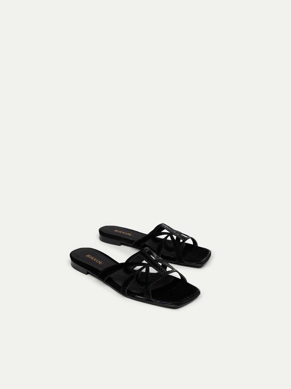Bikkou 7PM Sunset at the Beach vegan black python flat slip on sandal both shoes