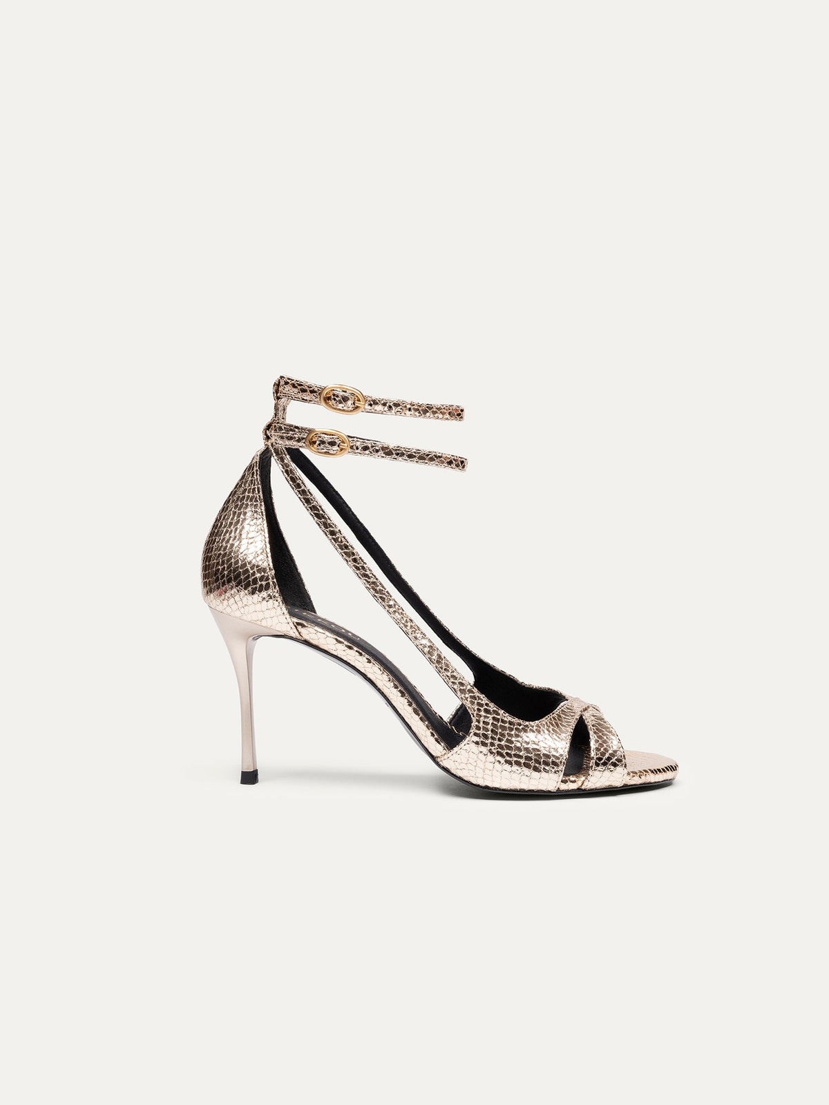 Bikkou 9PM Drinks with Friends vegan gold python heeled sandals